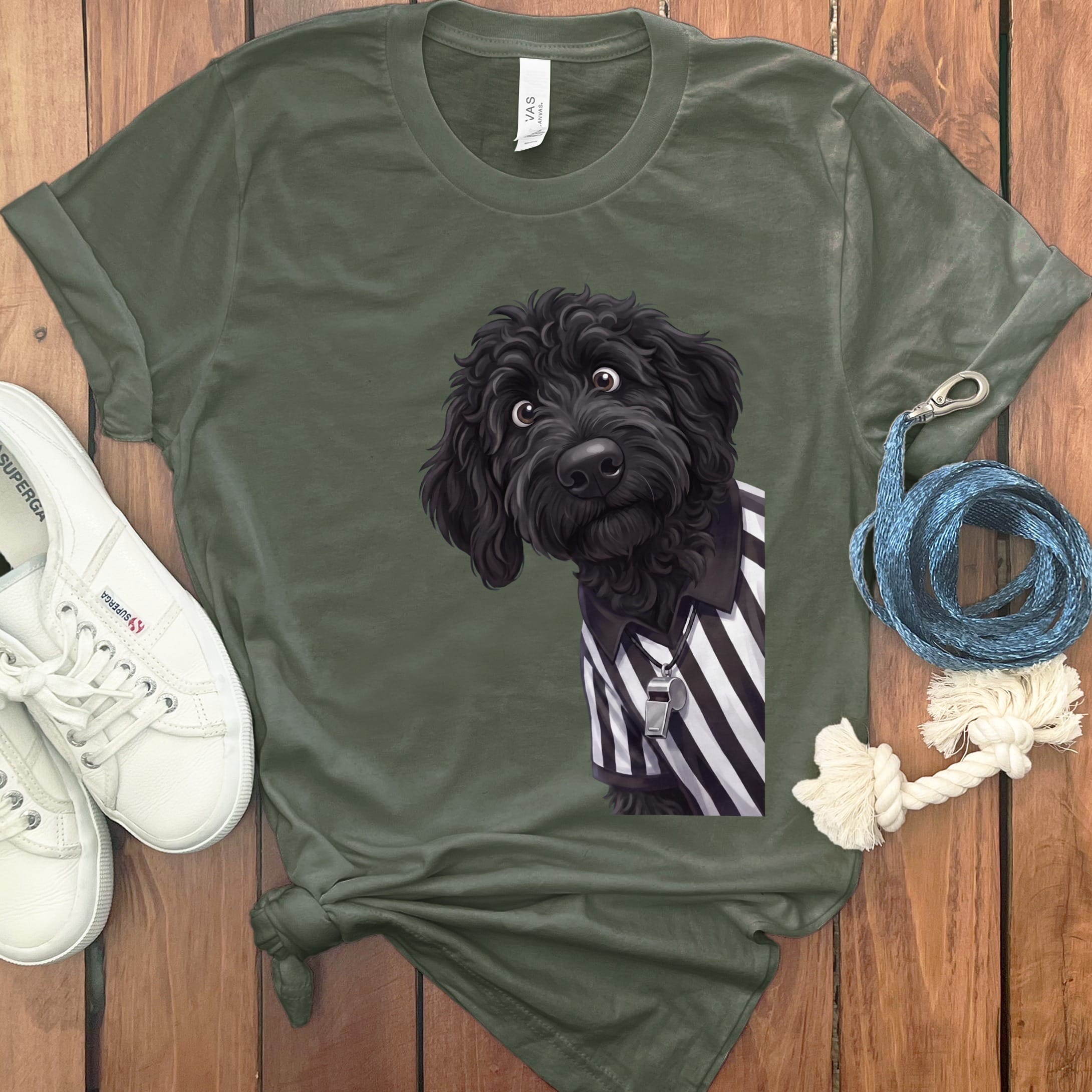 Black Goldendoodle Football Referee T-Shirt in S / Military Green by Puppy Jo