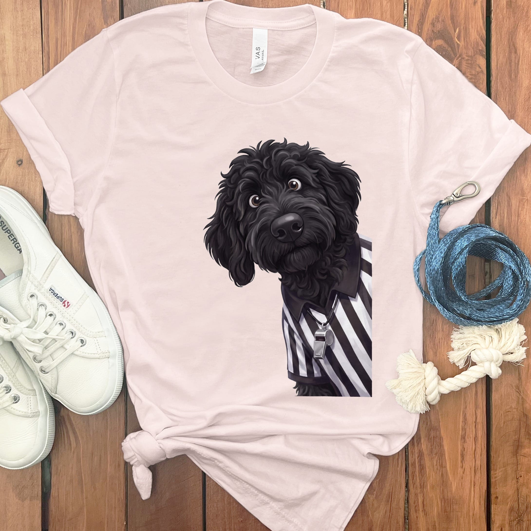 Black Goldendoodle Football Referee T-Shirt in S / Soft Pink by Puppy Jo