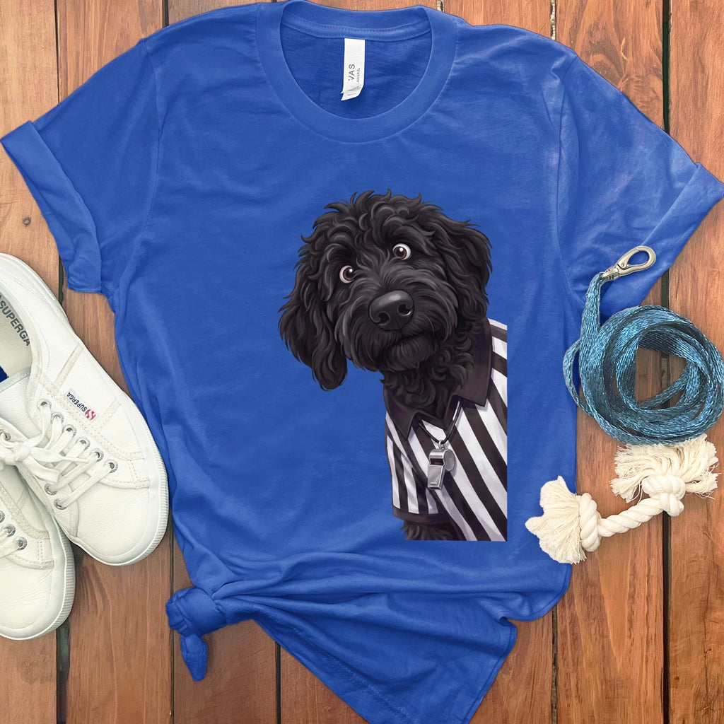 Black Goldendoodle Football Referee T-Shirt in S / True Royal by Puppy Jo