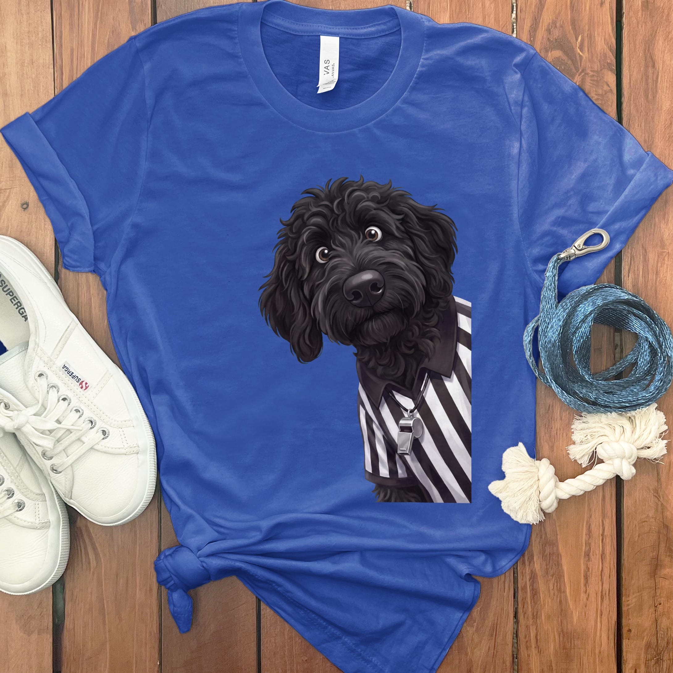Black Goldendoodle Football Referee T-Shirt in S / True Royal by Puppy Jo