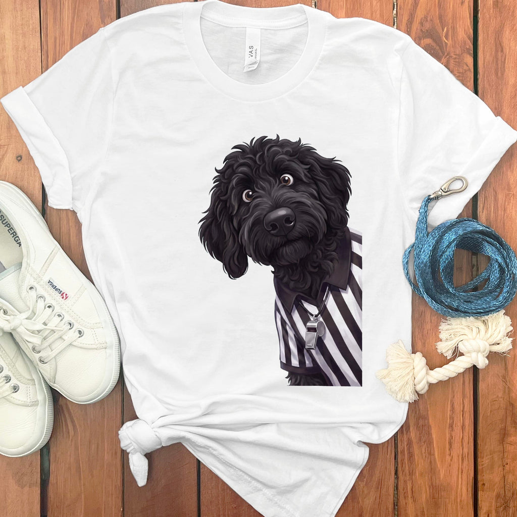 Black Goldendoodle Football Referee T-Shirt in S / White by Puppy Jo