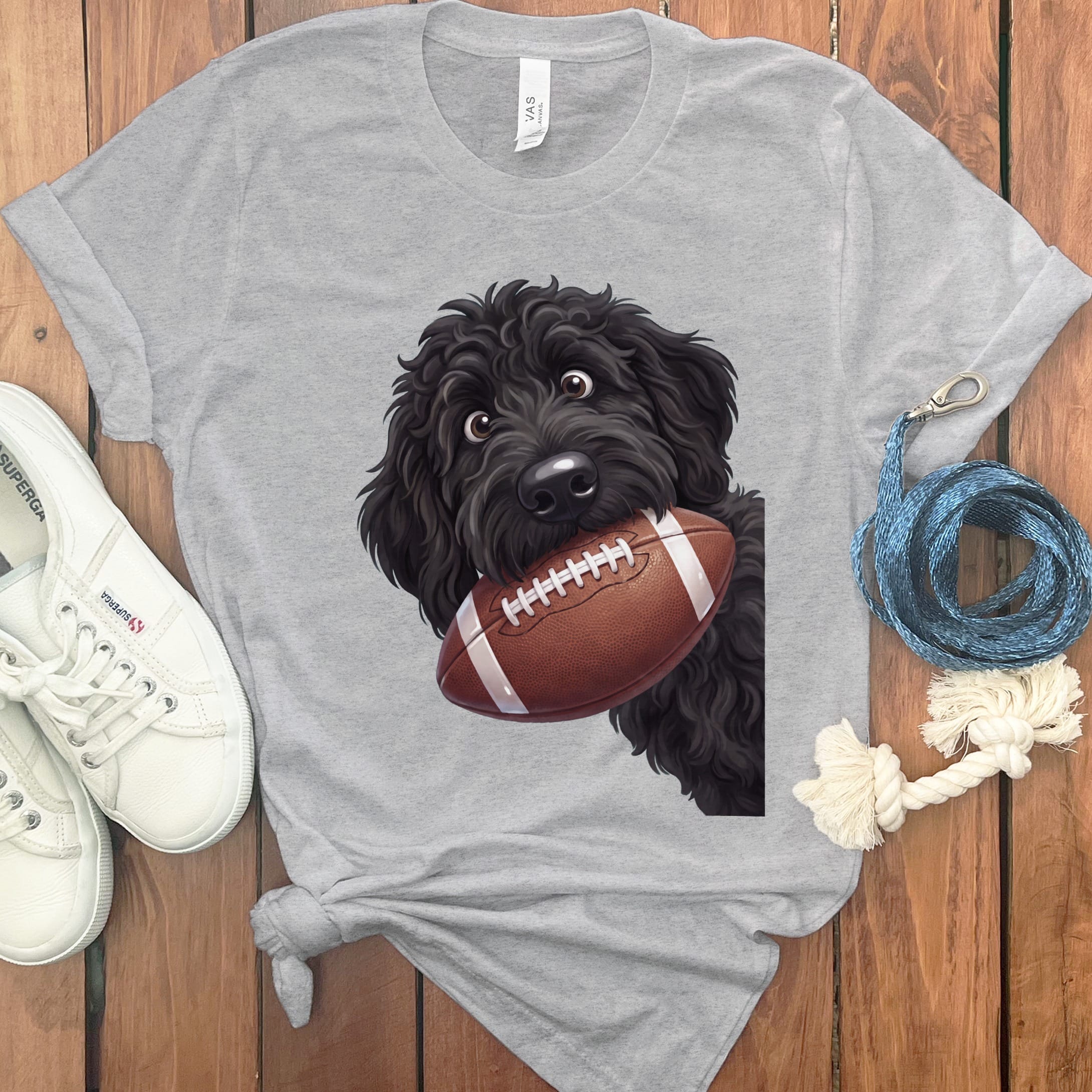 Black Goldendoodle Football T-Shirt in Athletic Heather / S by Puppy Jo
