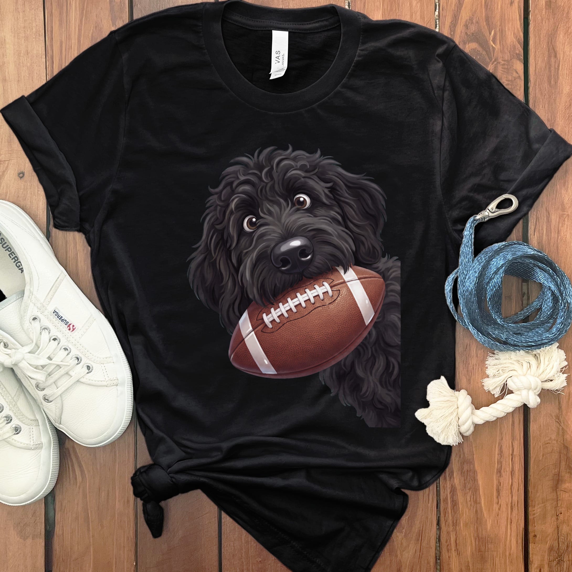 Black Goldendoodle Football T-Shirt in Black / S by Puppy Jo