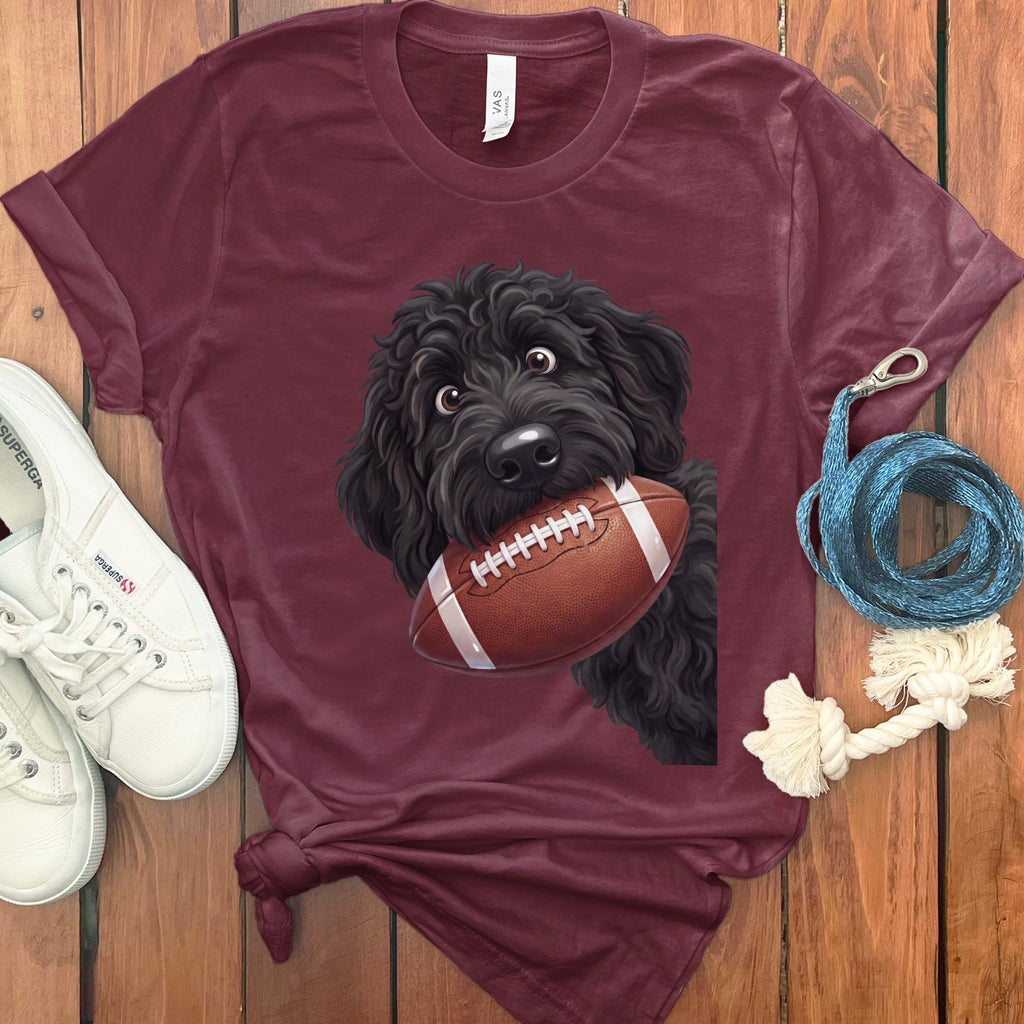 Black Goldendoodle Football T-Shirt in Maroon / S by Puppy Jo