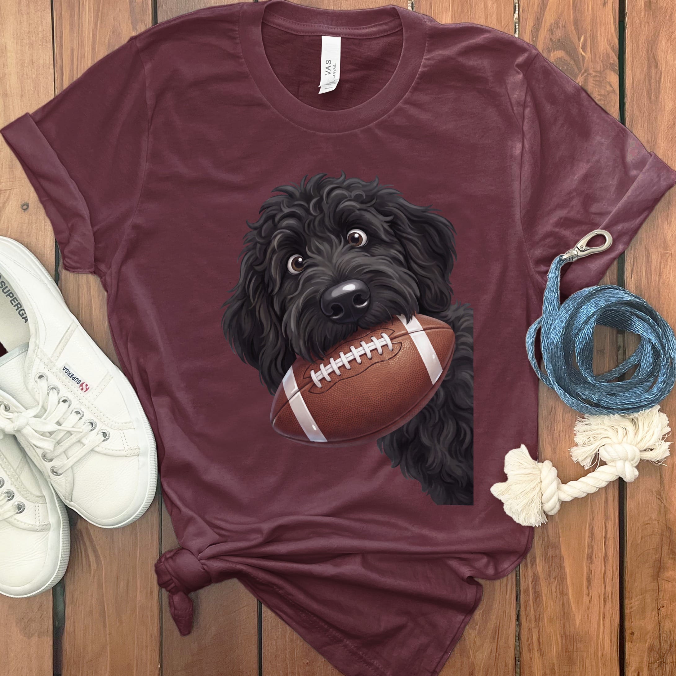 Black Goldendoodle Football T-Shirt in Maroon / S by Puppy Jo