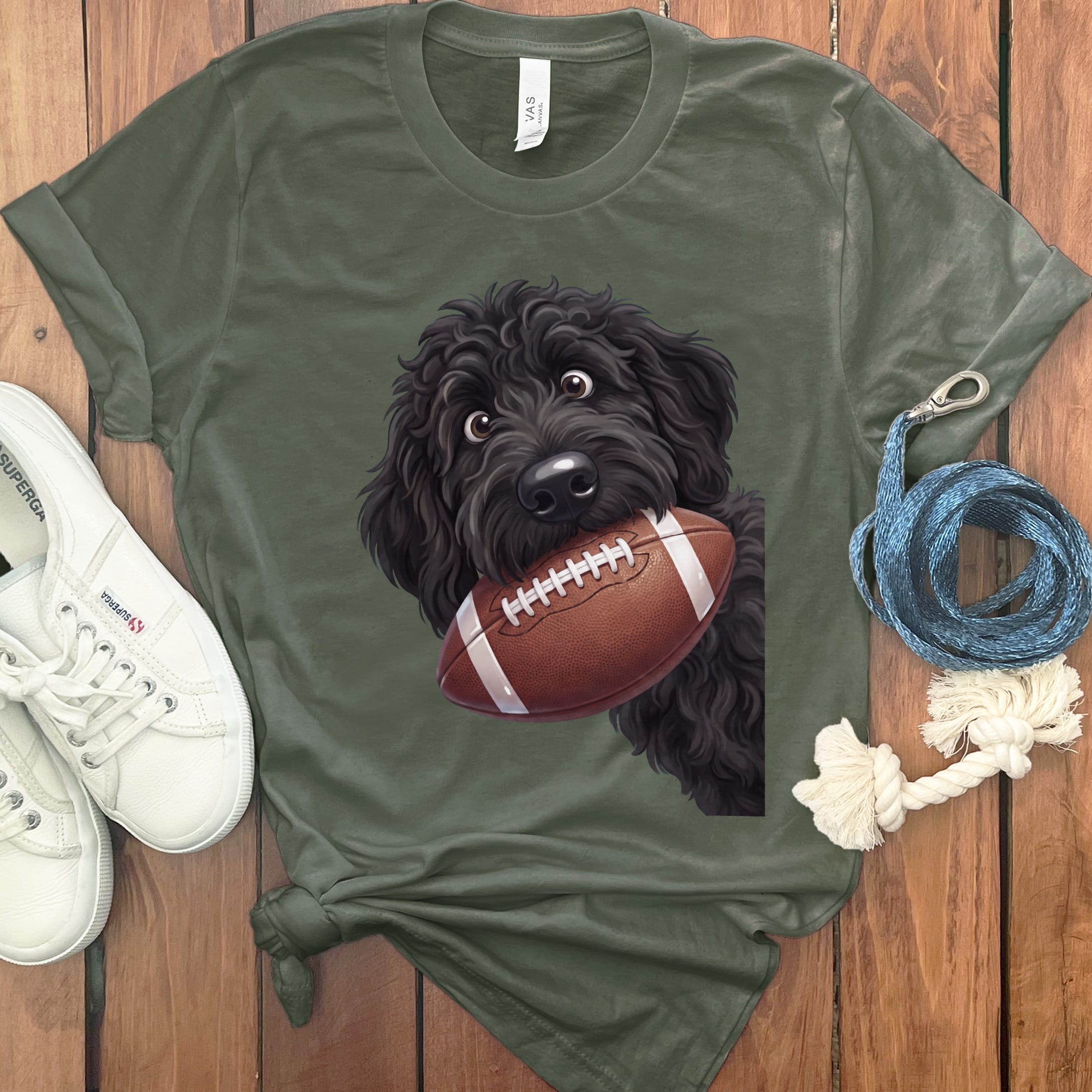 Black Goldendoodle Football T-Shirt in Military Green / S by Puppy Jo