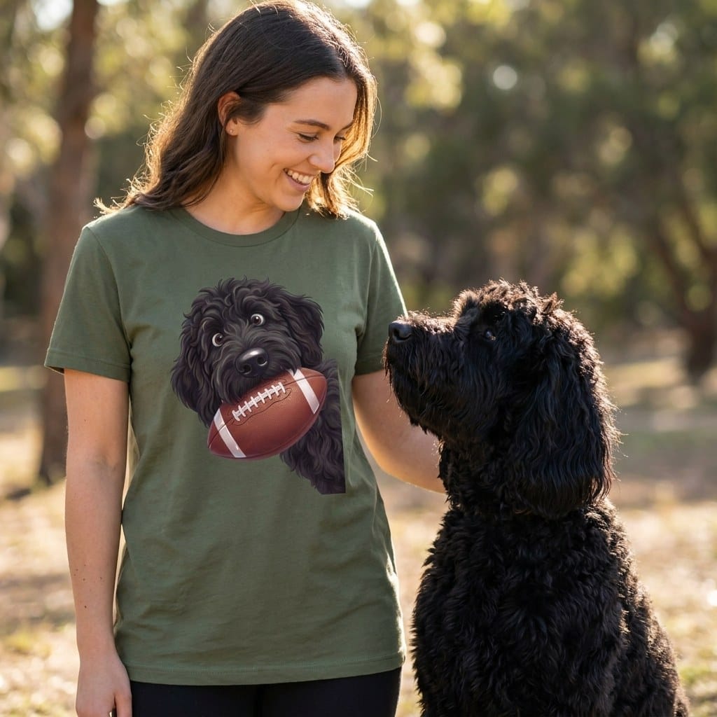 Black Goldendoodle Football T-Shirt in by Puppy Jo