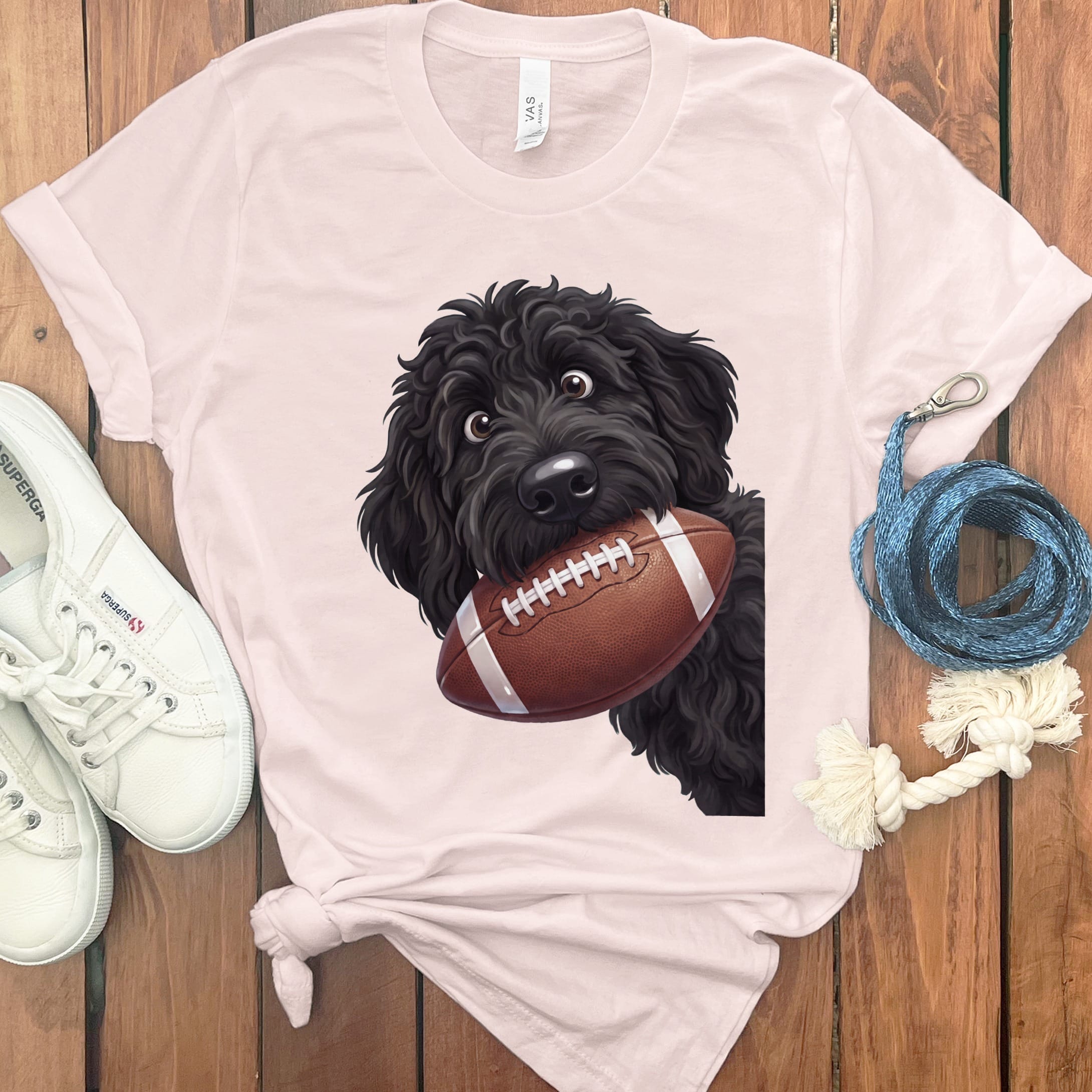 Black Goldendoodle Football T-Shirt in Soft Pink / S by Puppy Jo