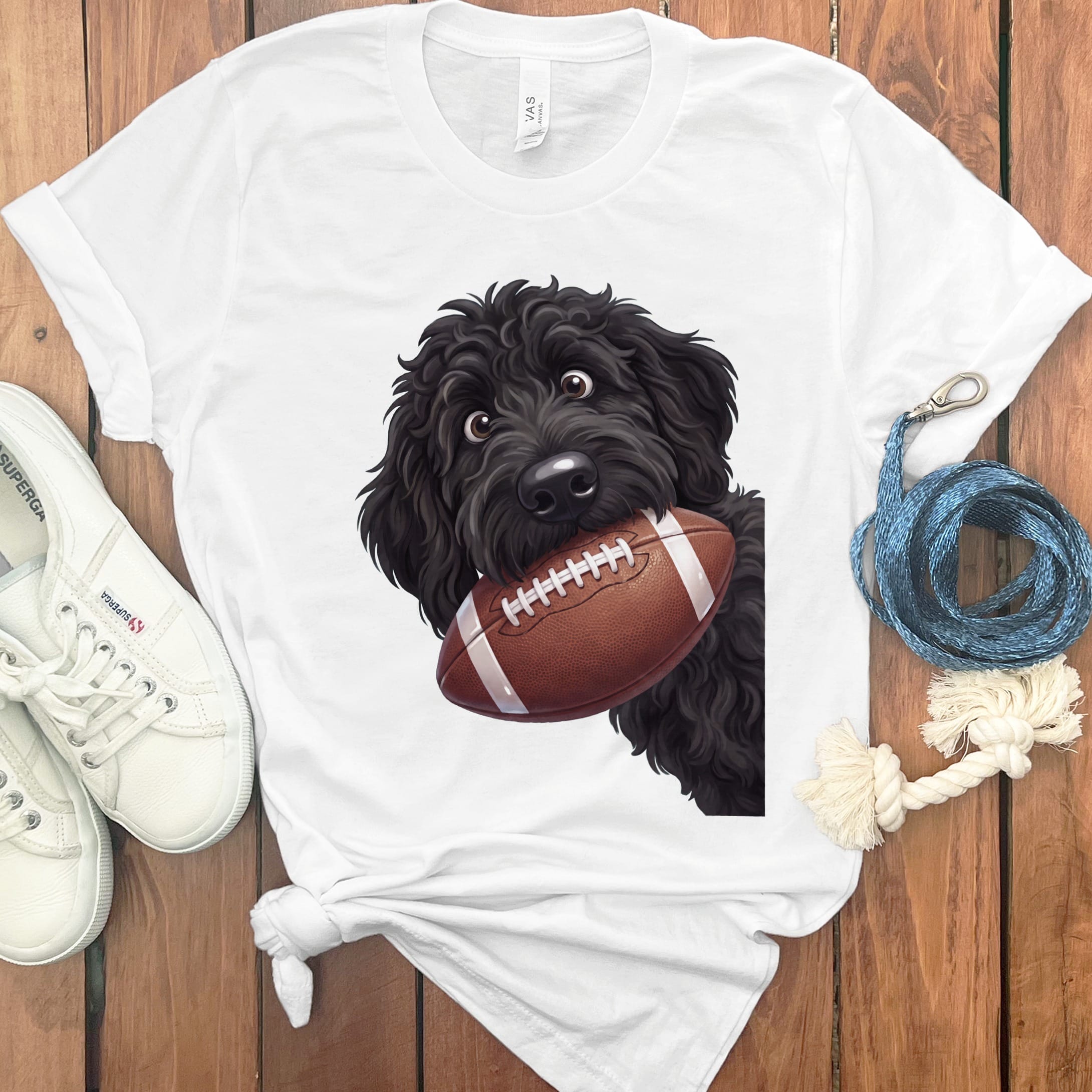Black Goldendoodle Football T-Shirt in White / S by Puppy Jo