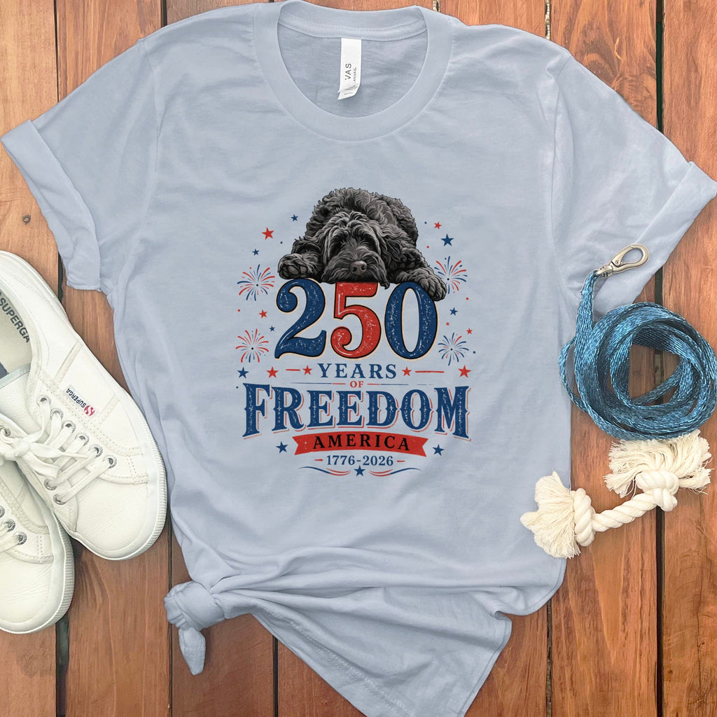 Black Goldendoodle Freedom T-Shirt in Light Blue / S by Puppy Jo