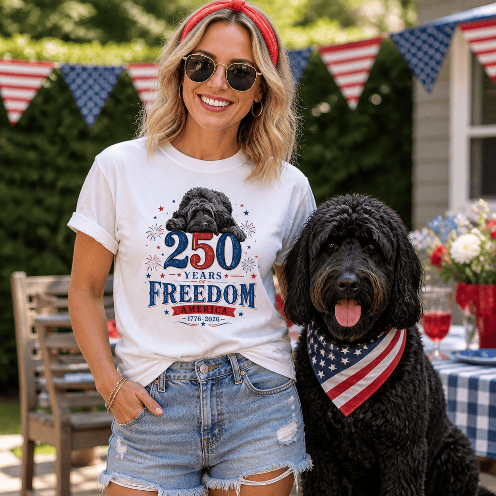 Black Goldendoodle Freedom T-Shirt in by Puppy Jo