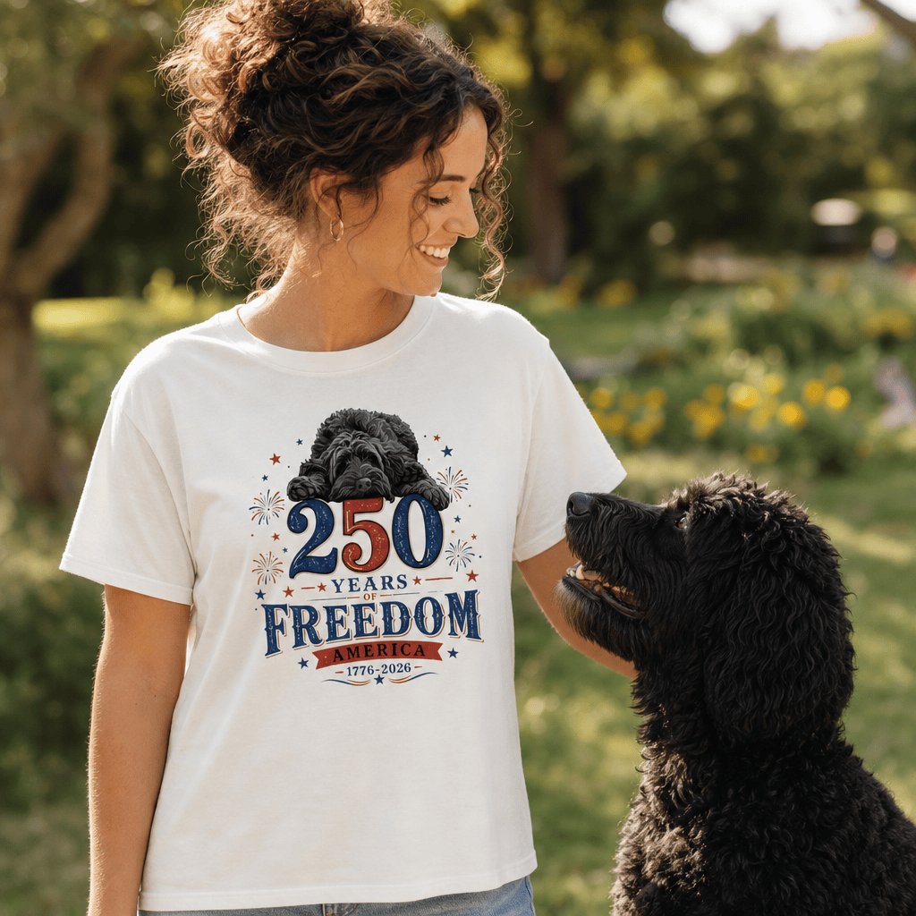 Black Goldendoodle Freedom T-Shirt in by Puppy Jo