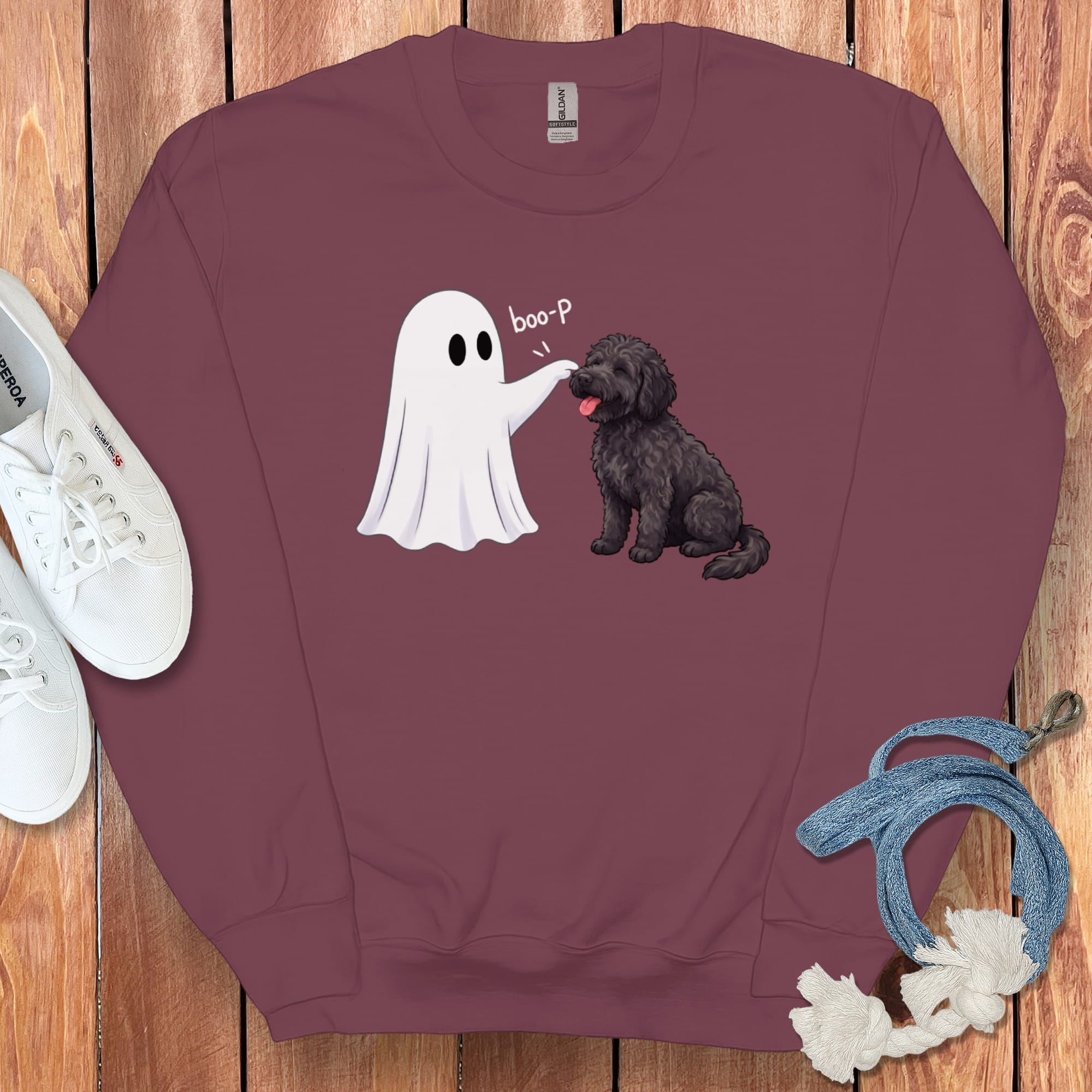 Black Goldendoodle Ghost Boop Sweatshirt in Maroon / S by Puppy Jo