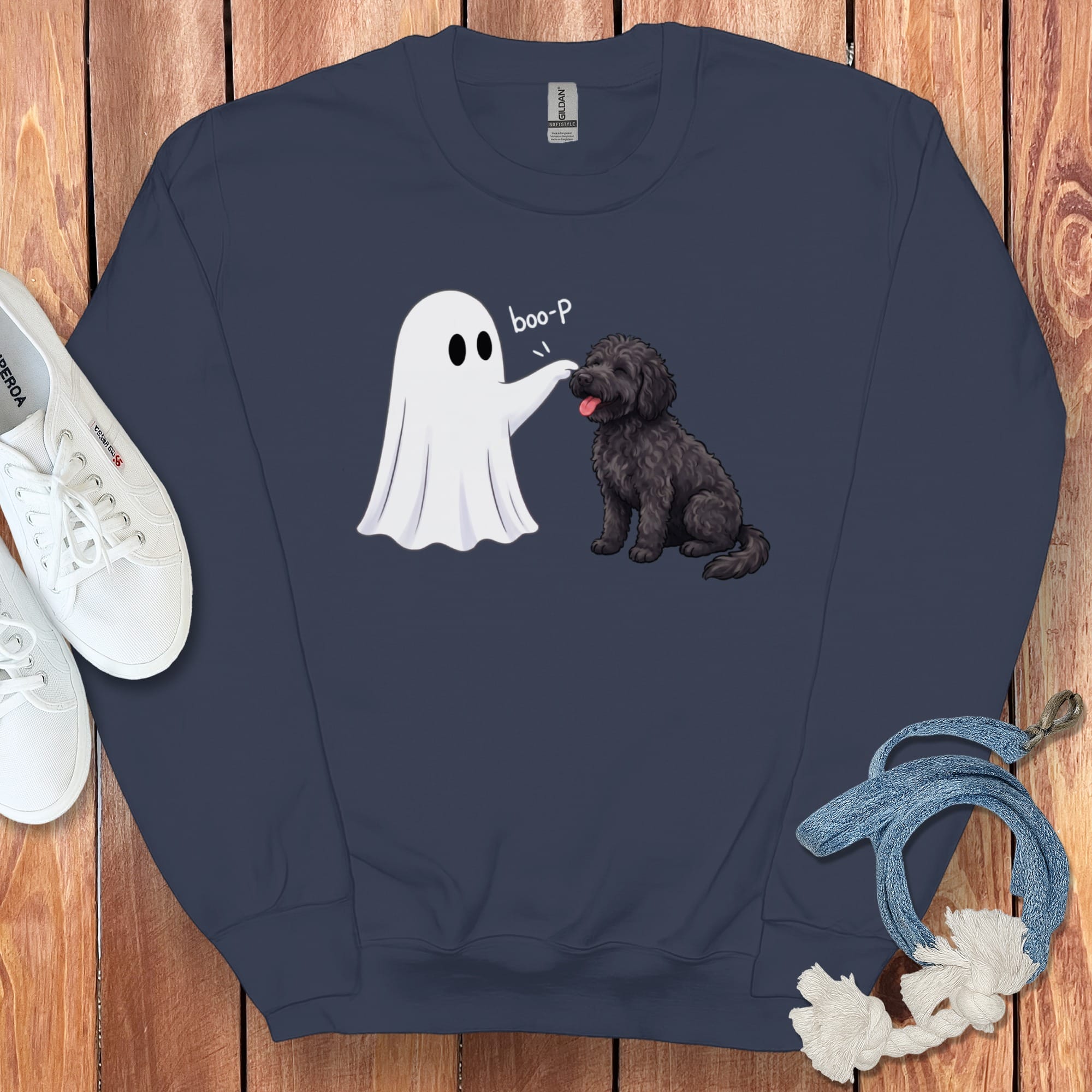 Black Goldendoodle Ghost Boop Sweatshirt in Navy / S by Puppy Jo