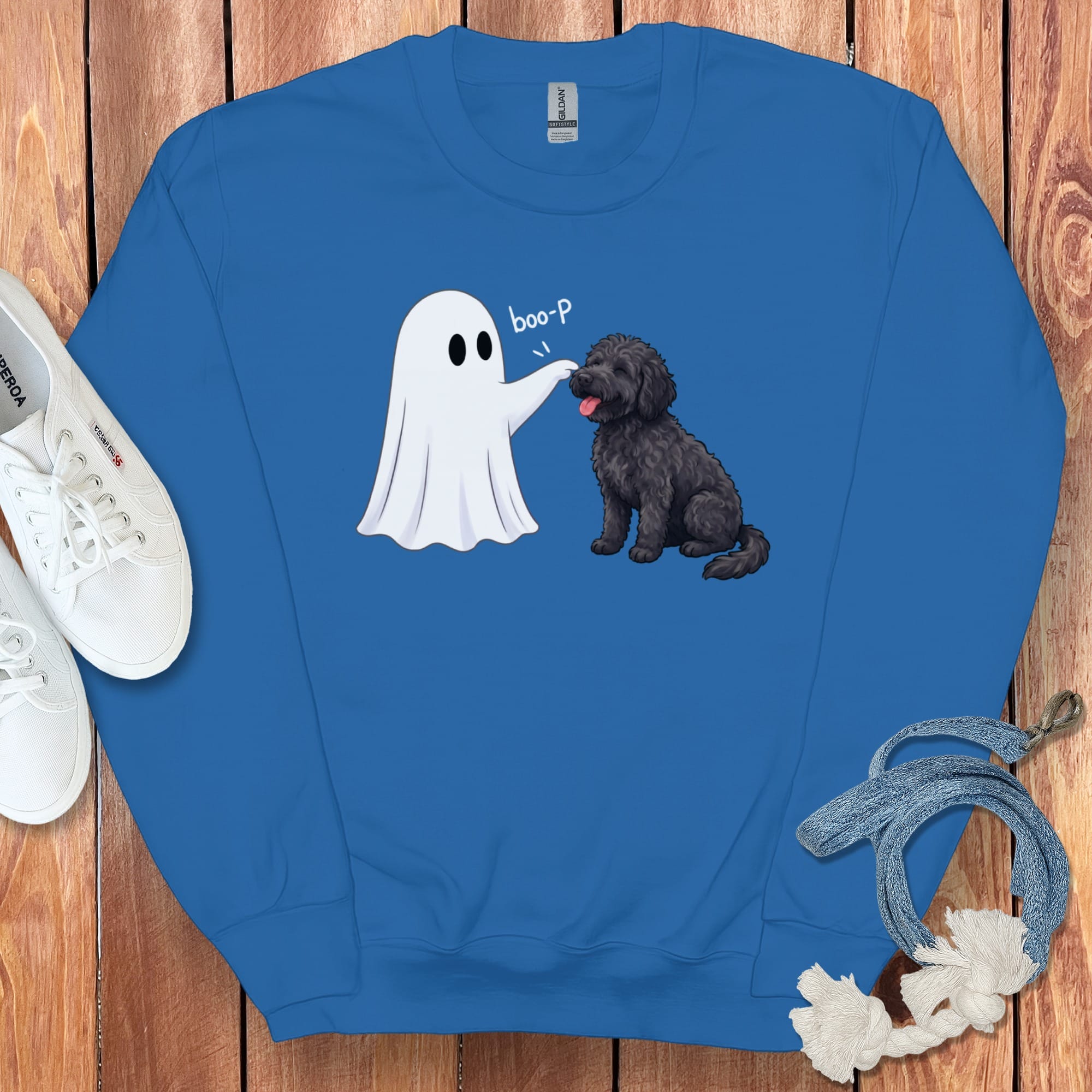 Black Goldendoodle Ghost Boop Sweatshirt in Royal / S by Puppy Jo