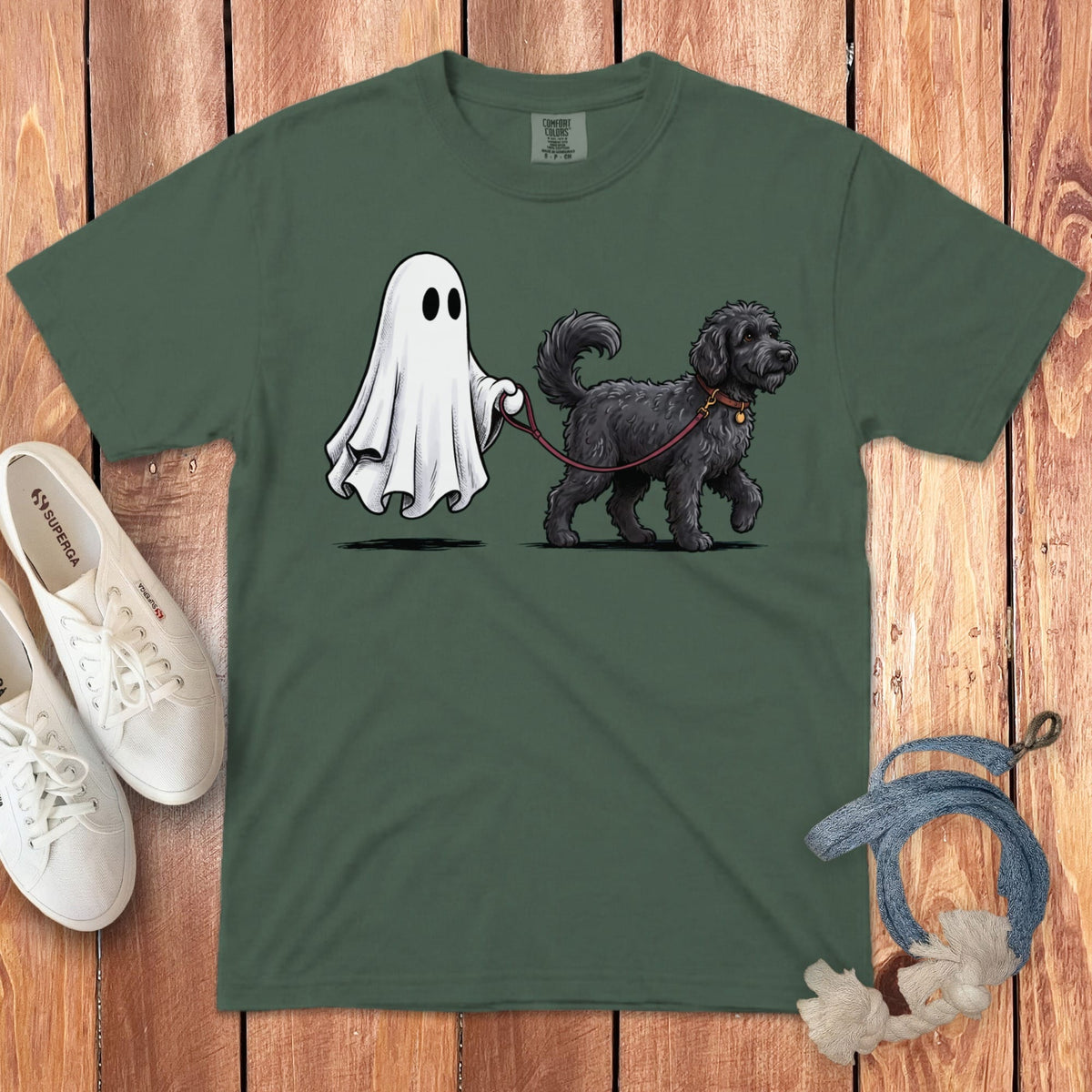 Black Goldendoodle Ghost Walk Signature T-Shirt in Blue Spruce / S by Puppy Jo