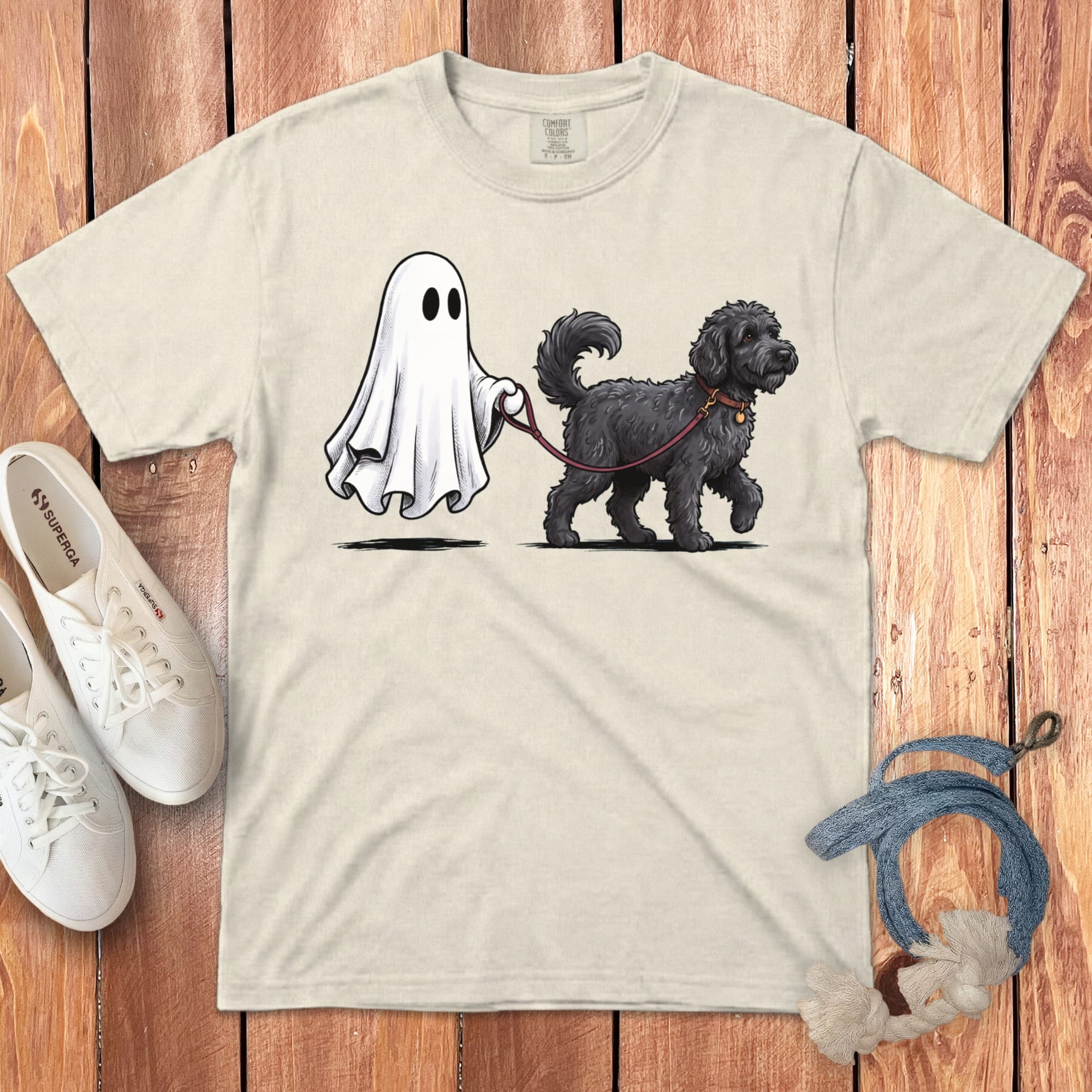Black Goldendoodle Ghost Walk Signature T-Shirt in Ivory / S by Puppy Jo