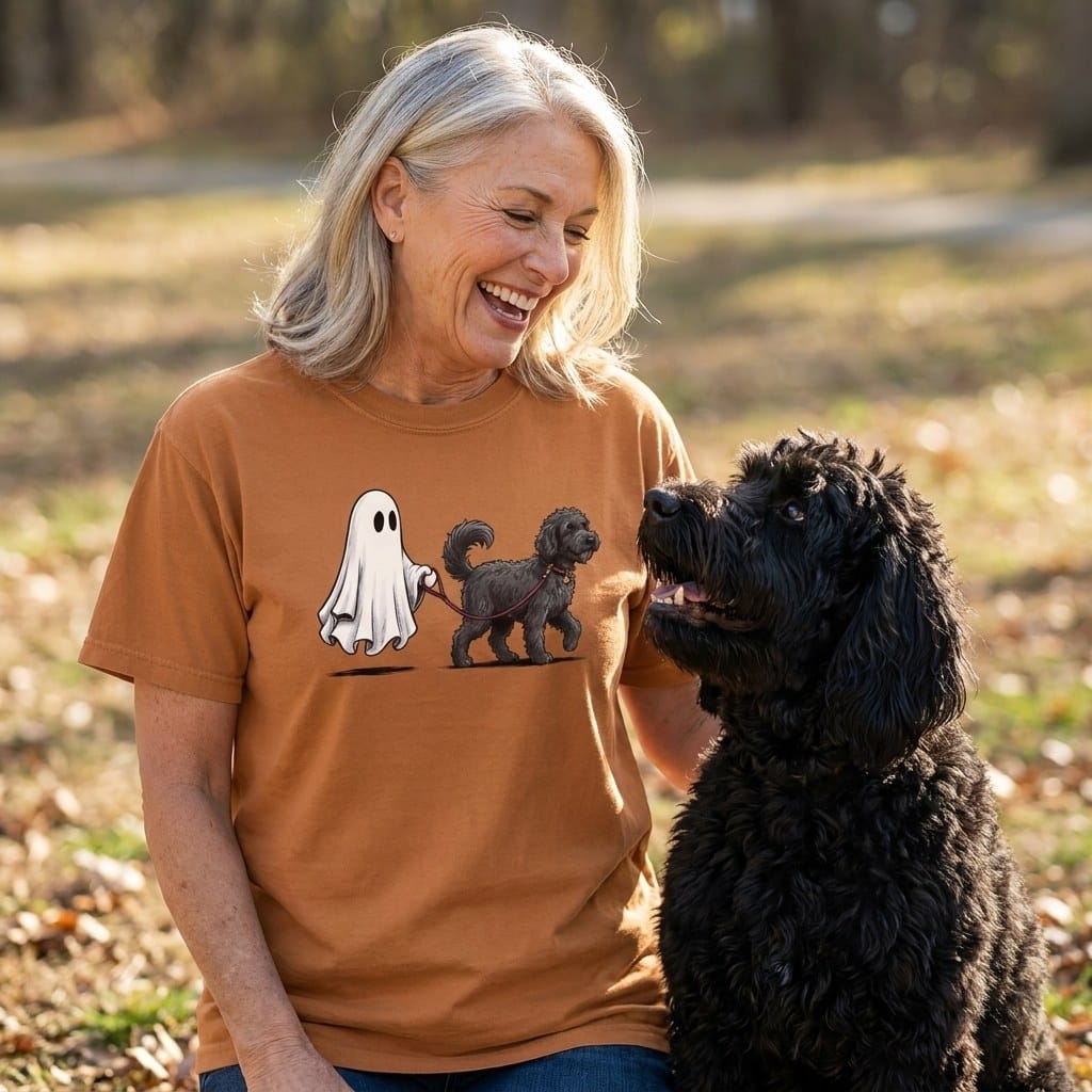 Black Goldendoodle Ghost Walk Signature T-Shirt in by Puppy Jo
