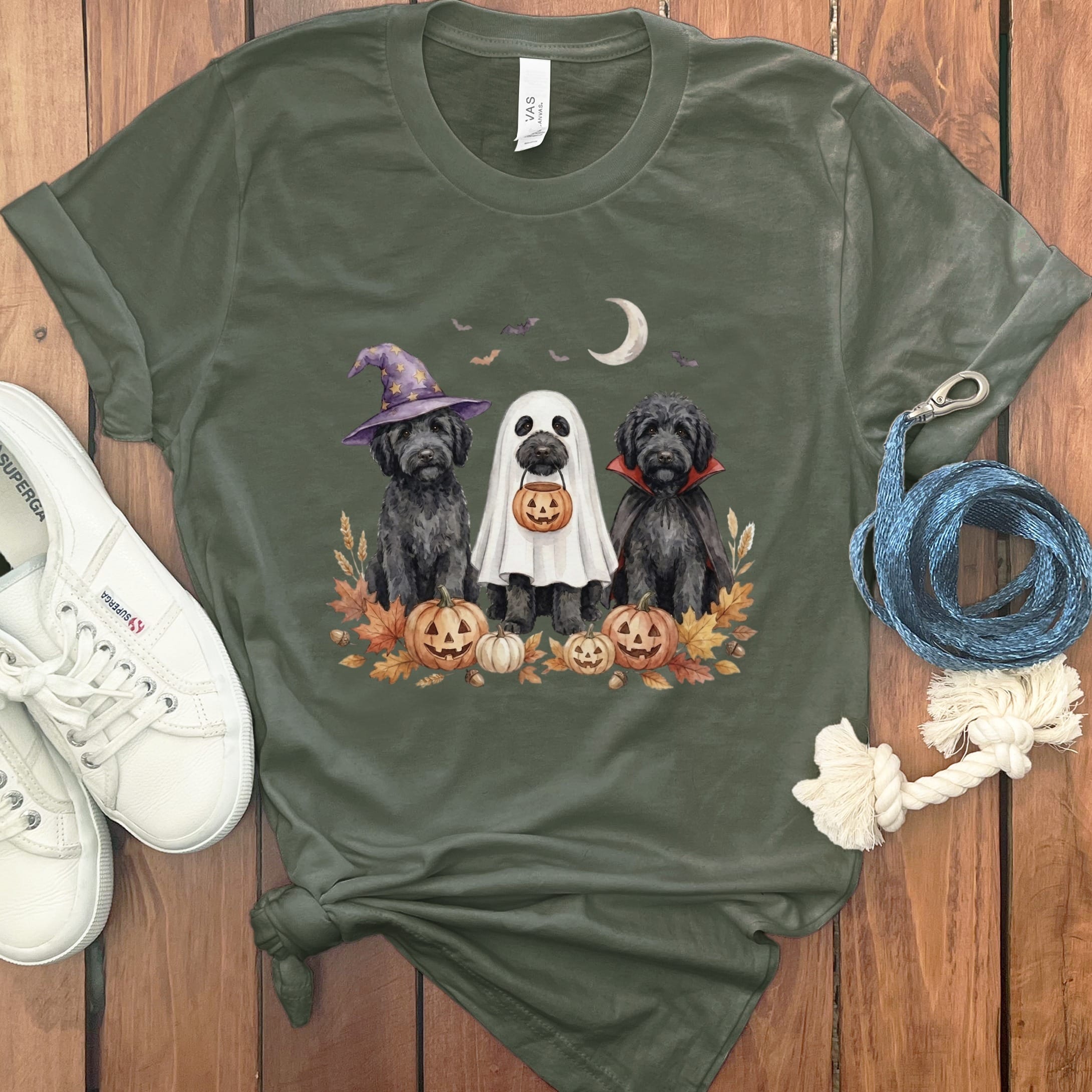 Black Goldendoodle Halloween Crew T-Shirt in Military Green / S by Puppy Jo
