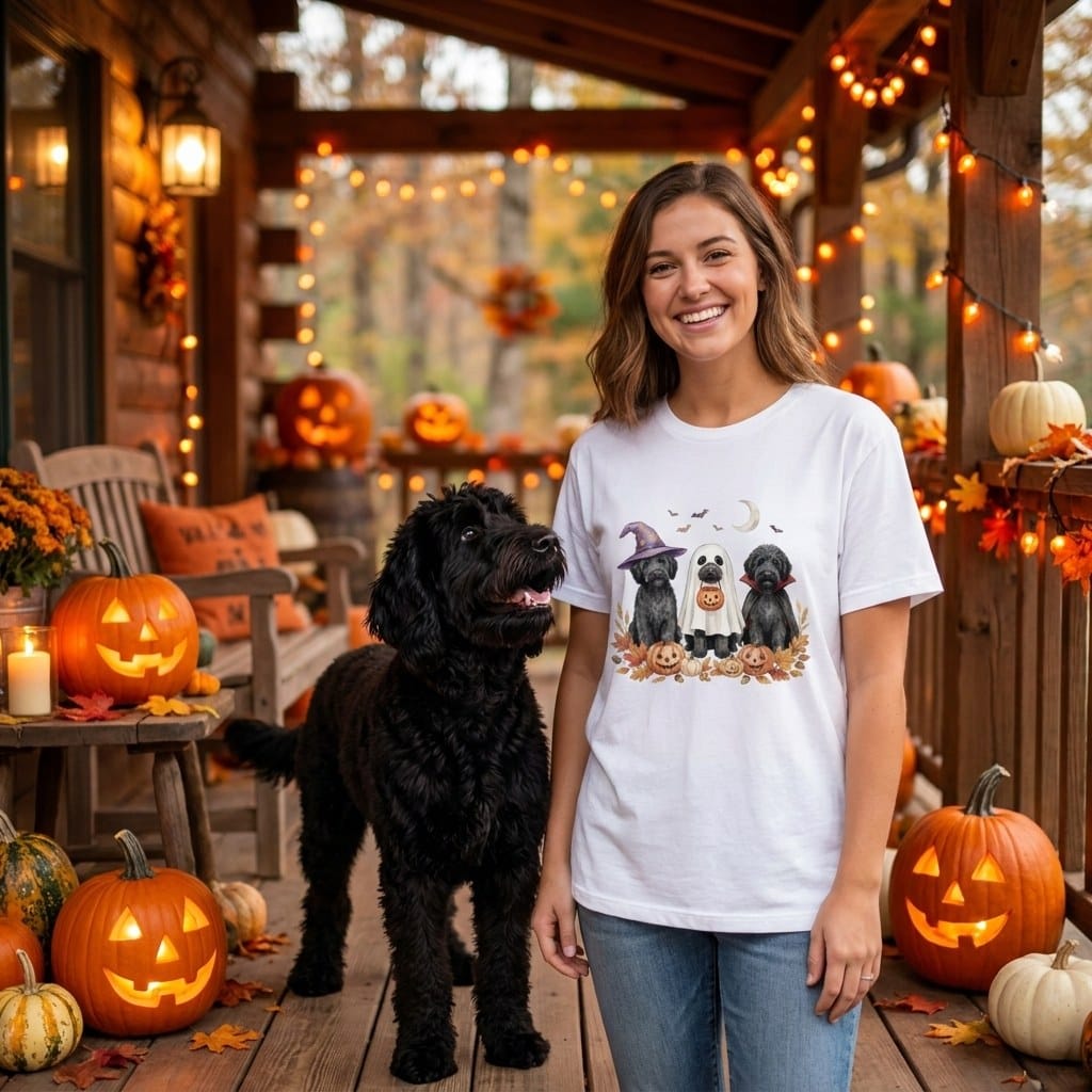 Black Goldendoodle Halloween Crew T-Shirt in by Puppy Jo