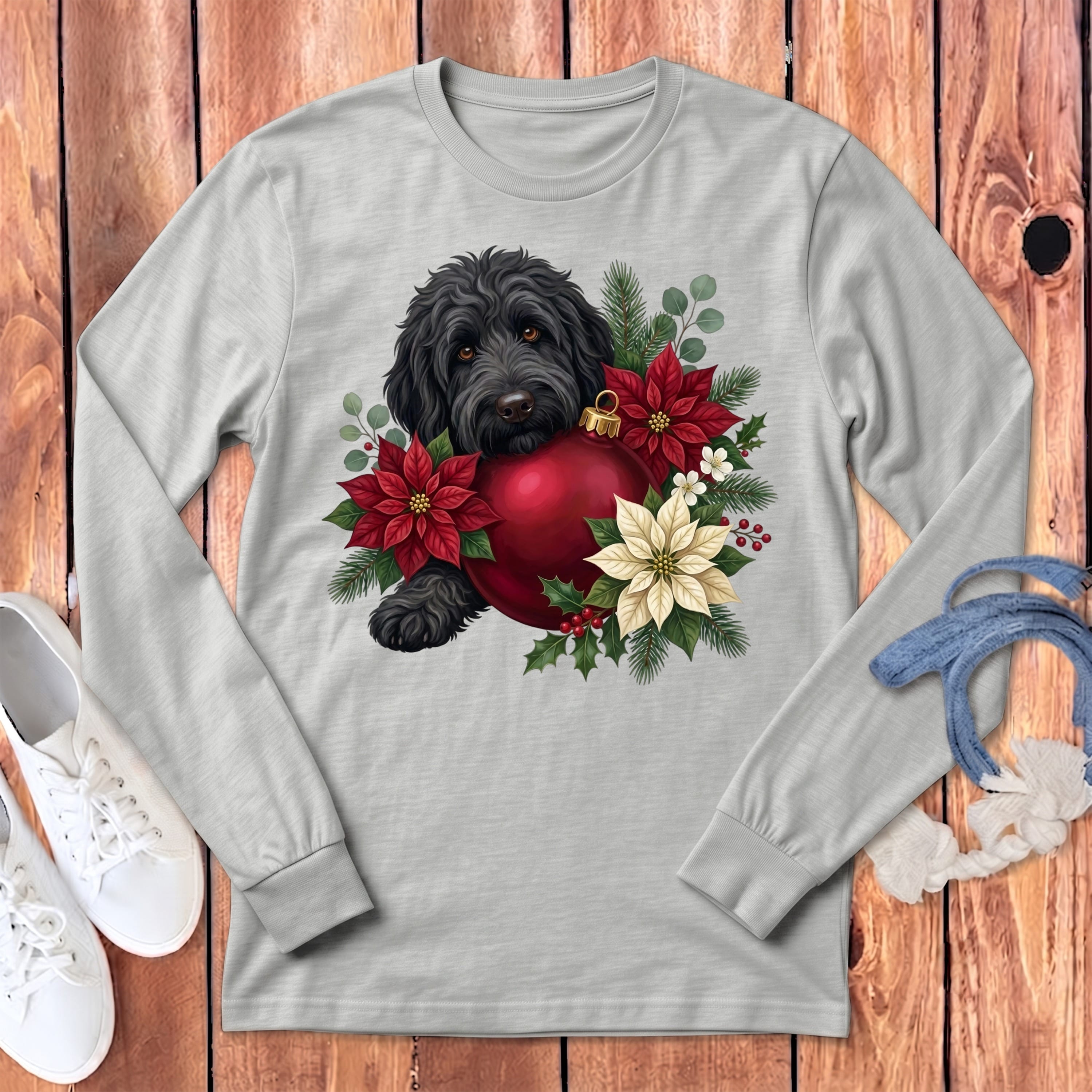 Black Goldendoodle Holiday Cheer Long Sleeve T-Shirt in Athletic Heather / S by Puppy Jo