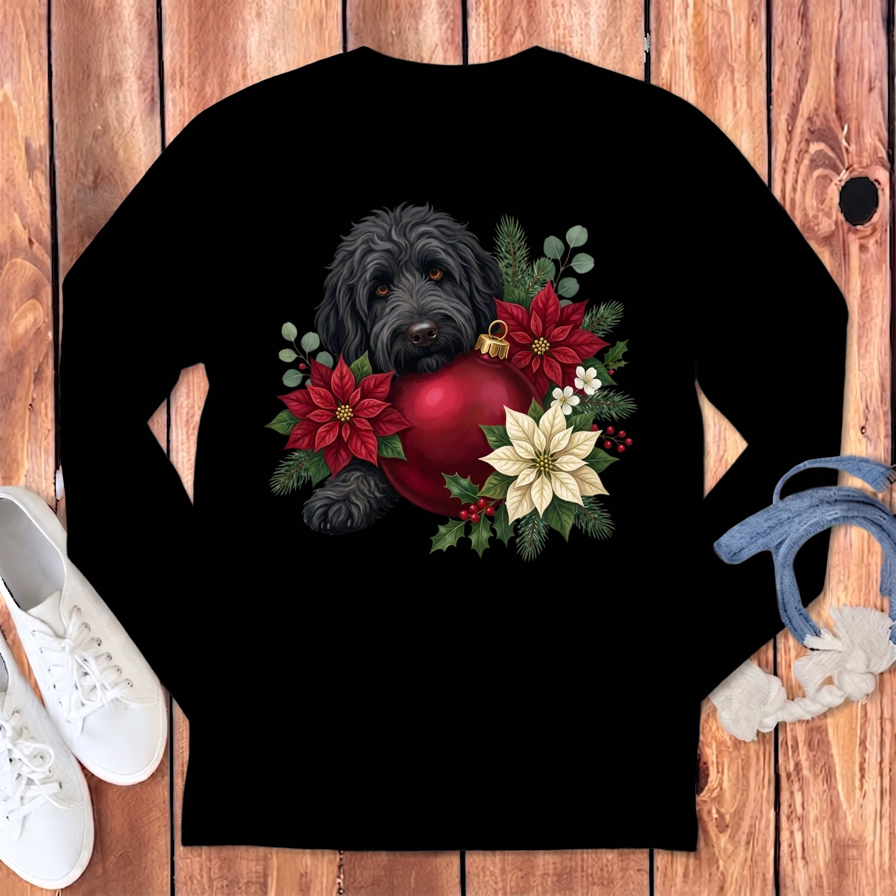 Black Goldendoodle Holiday Cheer Long Sleeve T-Shirt in Black / S by Puppy Jo