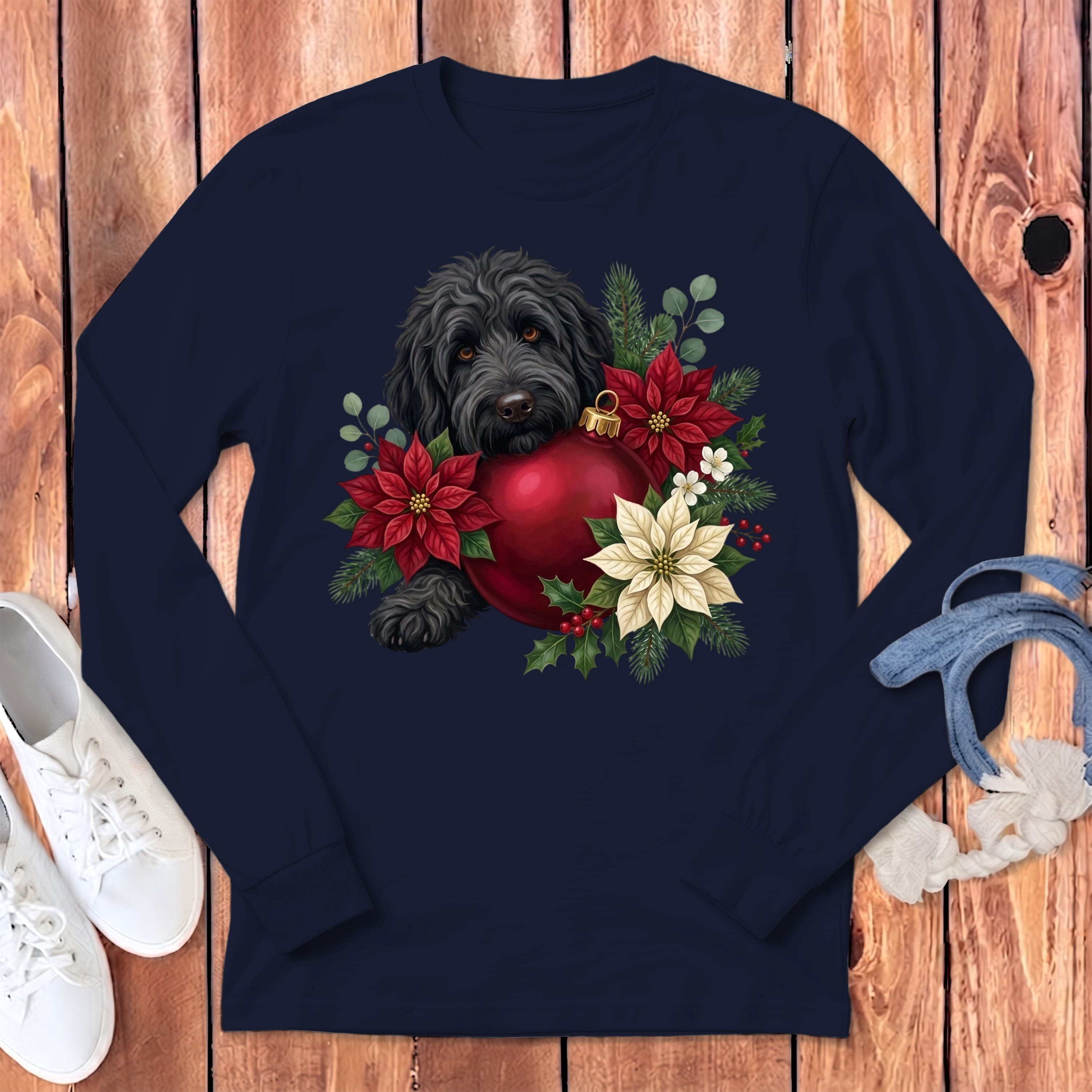 Black Goldendoodle Holiday Cheer Long Sleeve T-Shirt in Navy / S by Puppy Jo