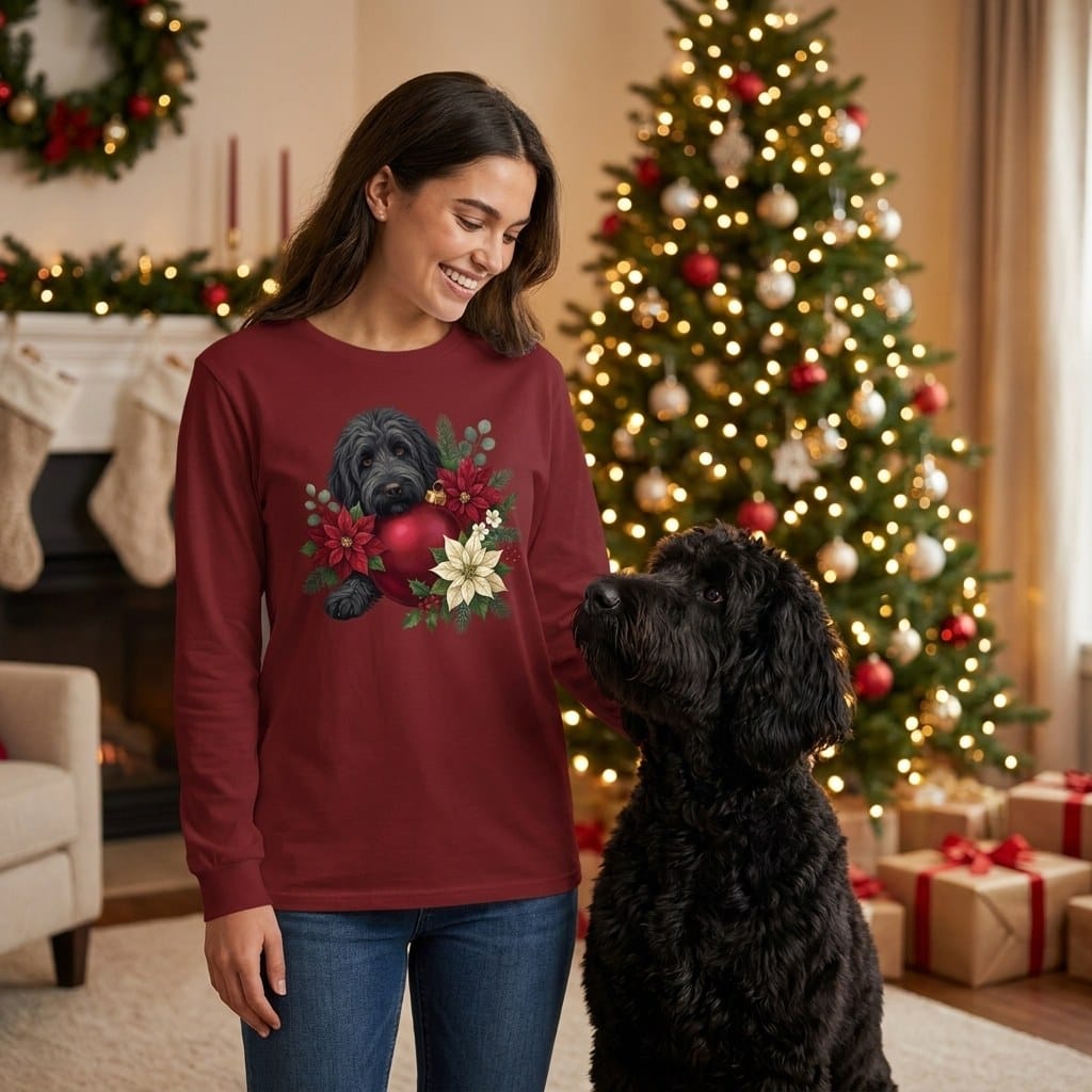Black Goldendoodle Holiday Cheer Long Sleeve T-Shirt in by Puppy Jo