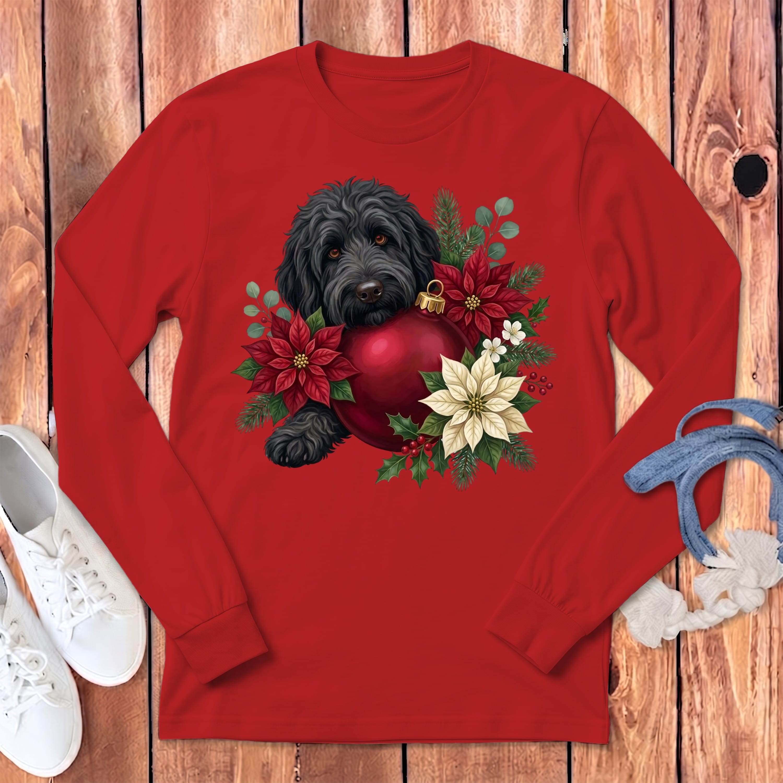Black Goldendoodle Holiday Cheer Long Sleeve T-Shirt in Red / S by Puppy Jo