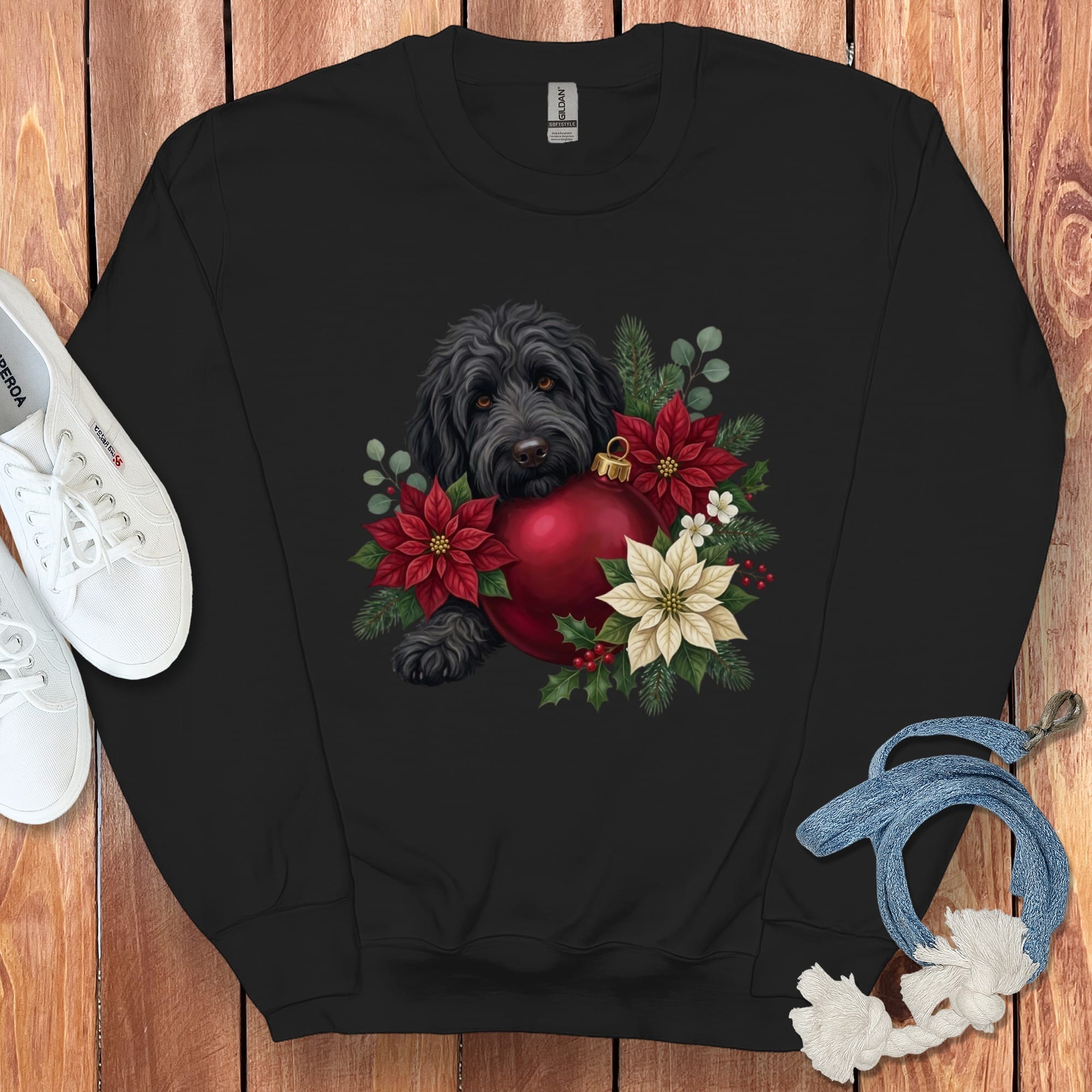 Black Goldendoodle Holiday Cheer Sweatshirt in Black / S by Puppy Jo