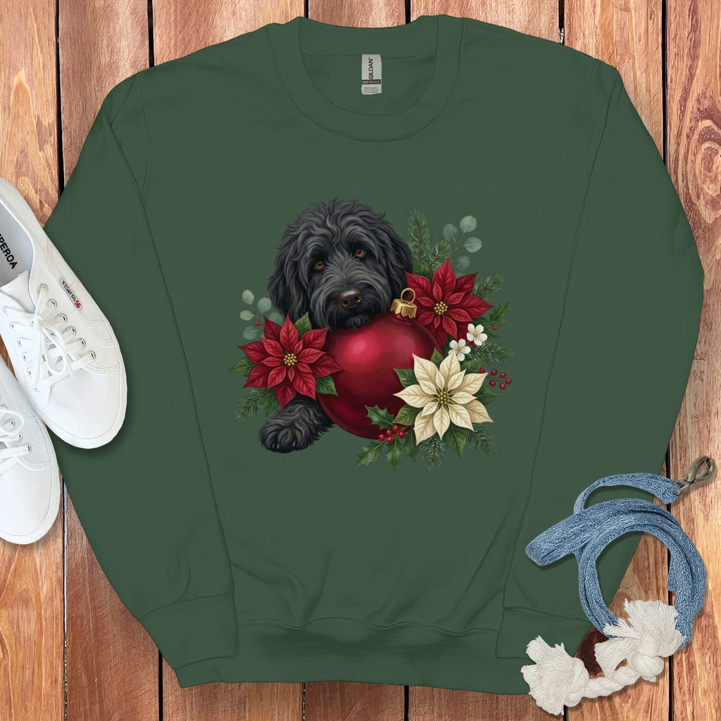 Black Goldendoodle Holiday Cheer Sweatshirt in Forest Green / S by Puppy Jo