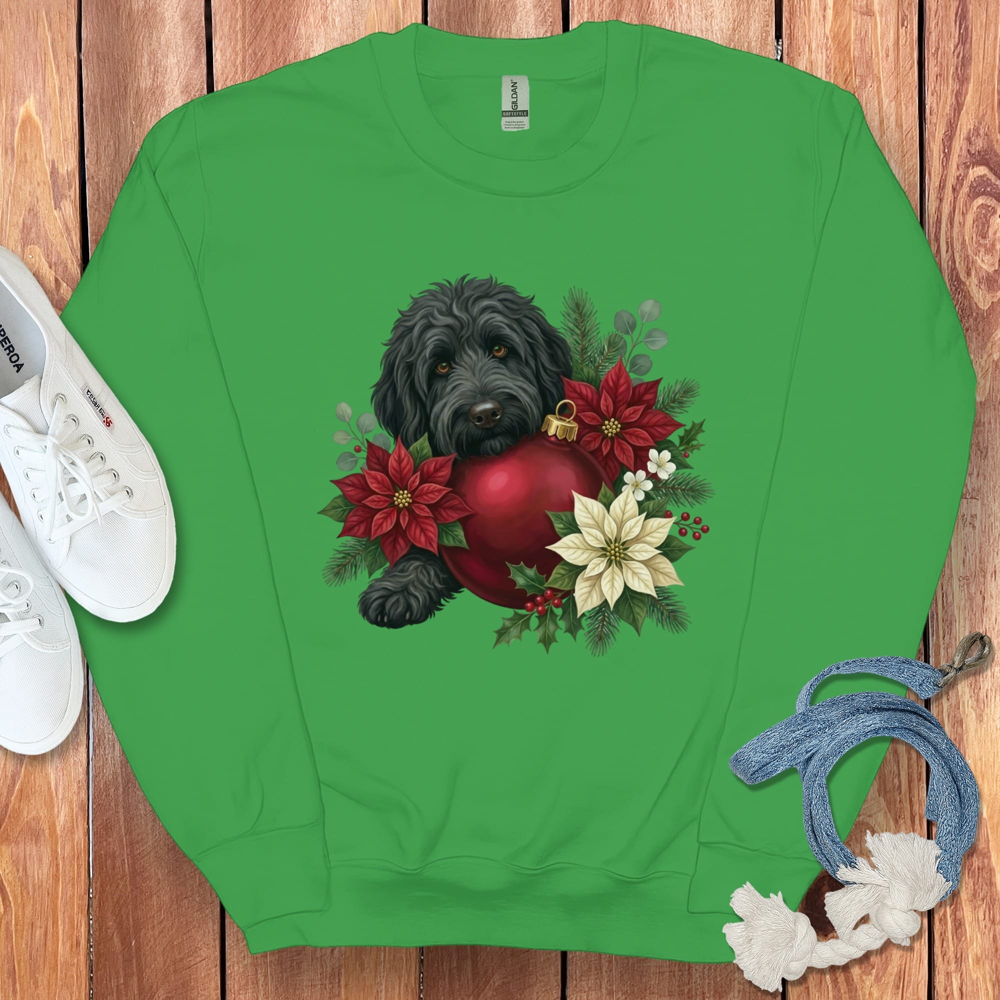 Black Goldendoodle Holiday Cheer Sweatshirt in Irish Green / S by Puppy Jo