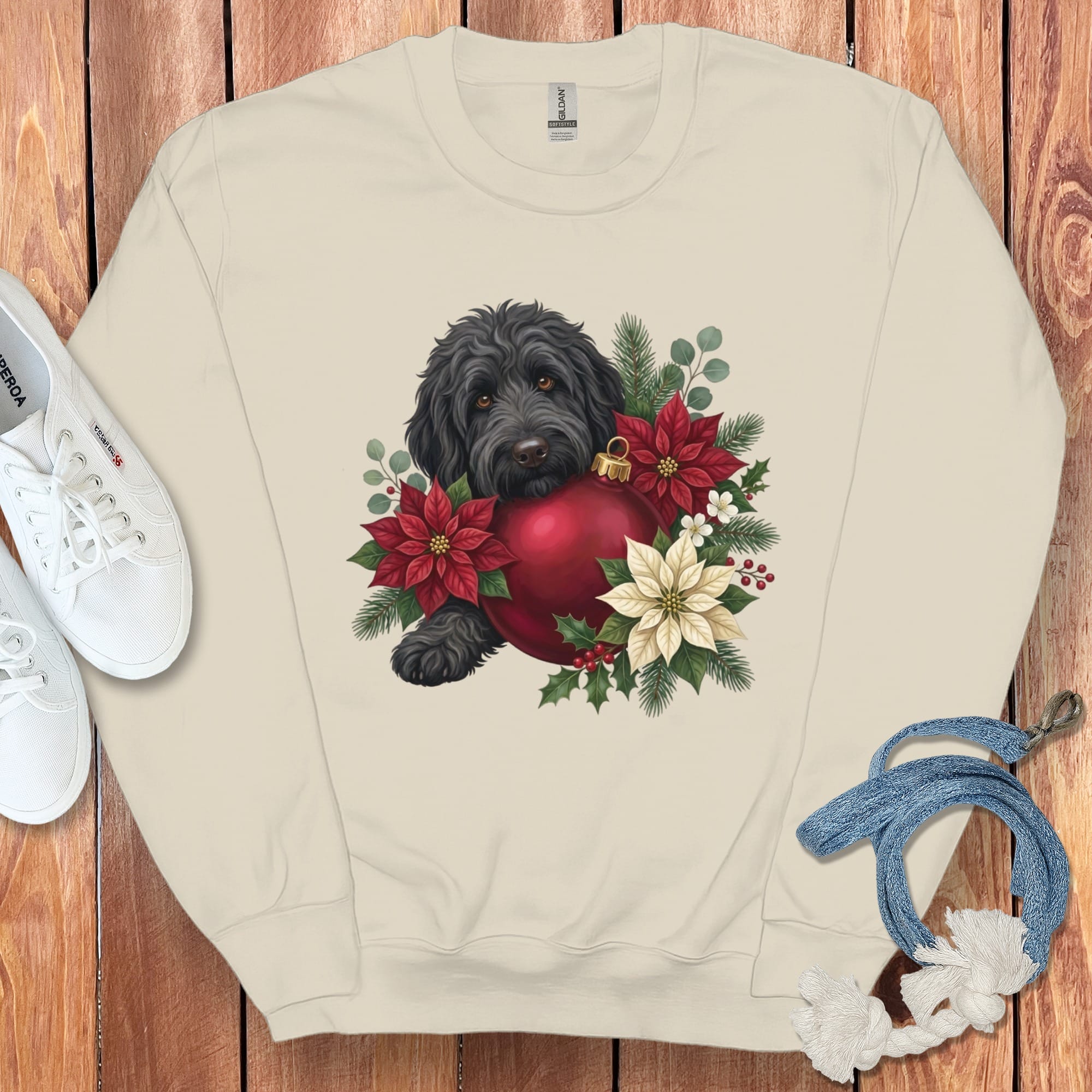 Black Goldendoodle Holiday Cheer Sweatshirt in Sand / S by Puppy Jo