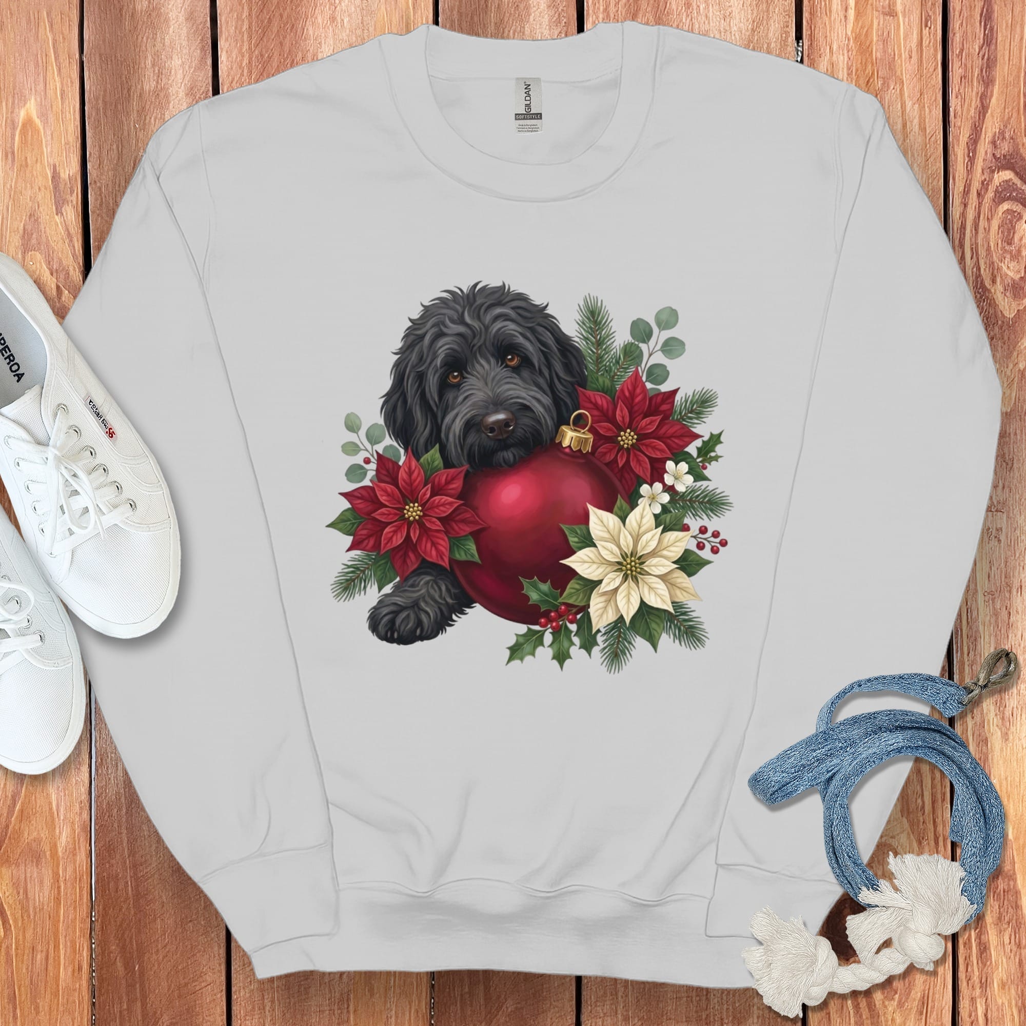Black Goldendoodle Holiday Cheer Sweatshirt in Sport Grey / S by Puppy Jo