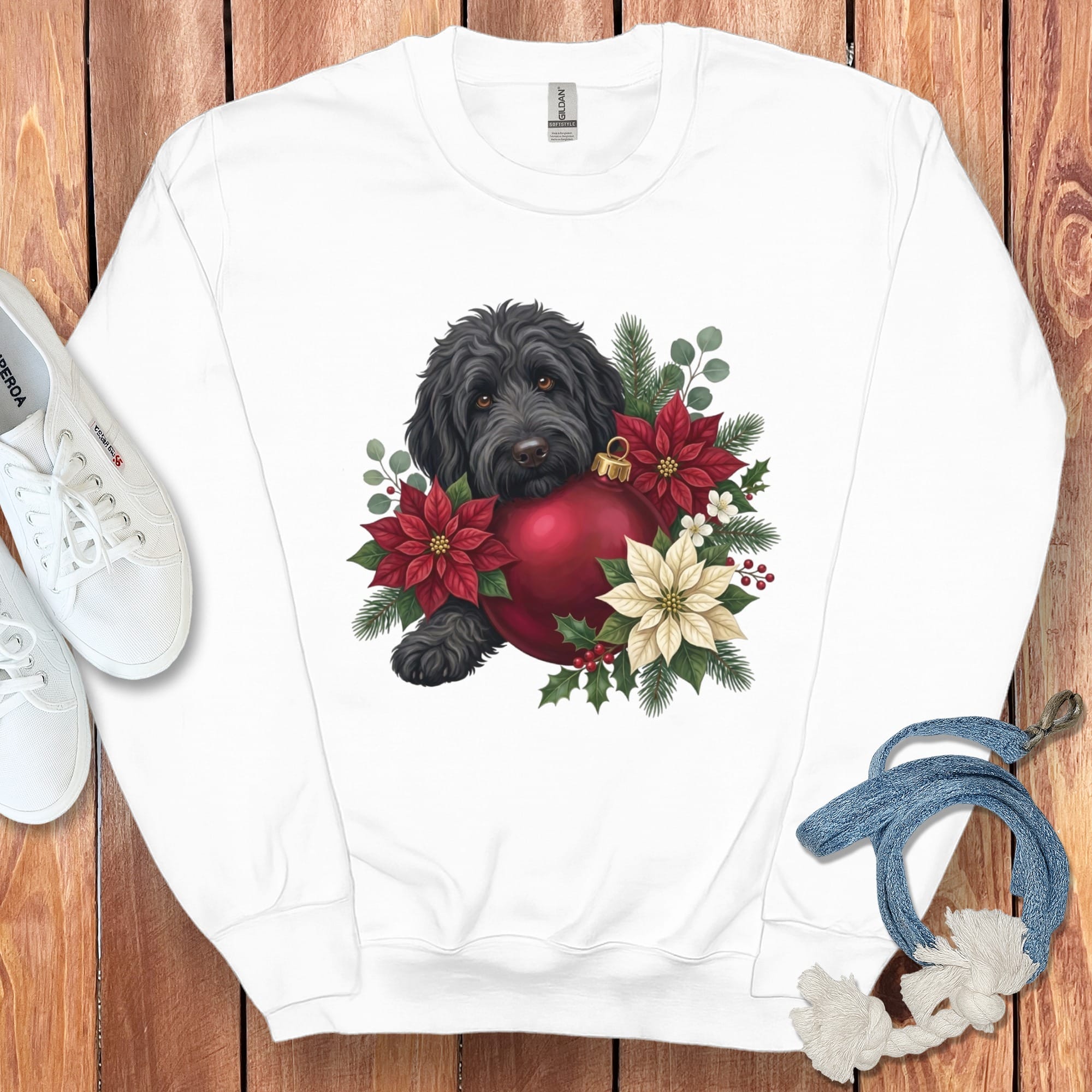 Black Goldendoodle Holiday Cheer Sweatshirt in White / S by Puppy Jo