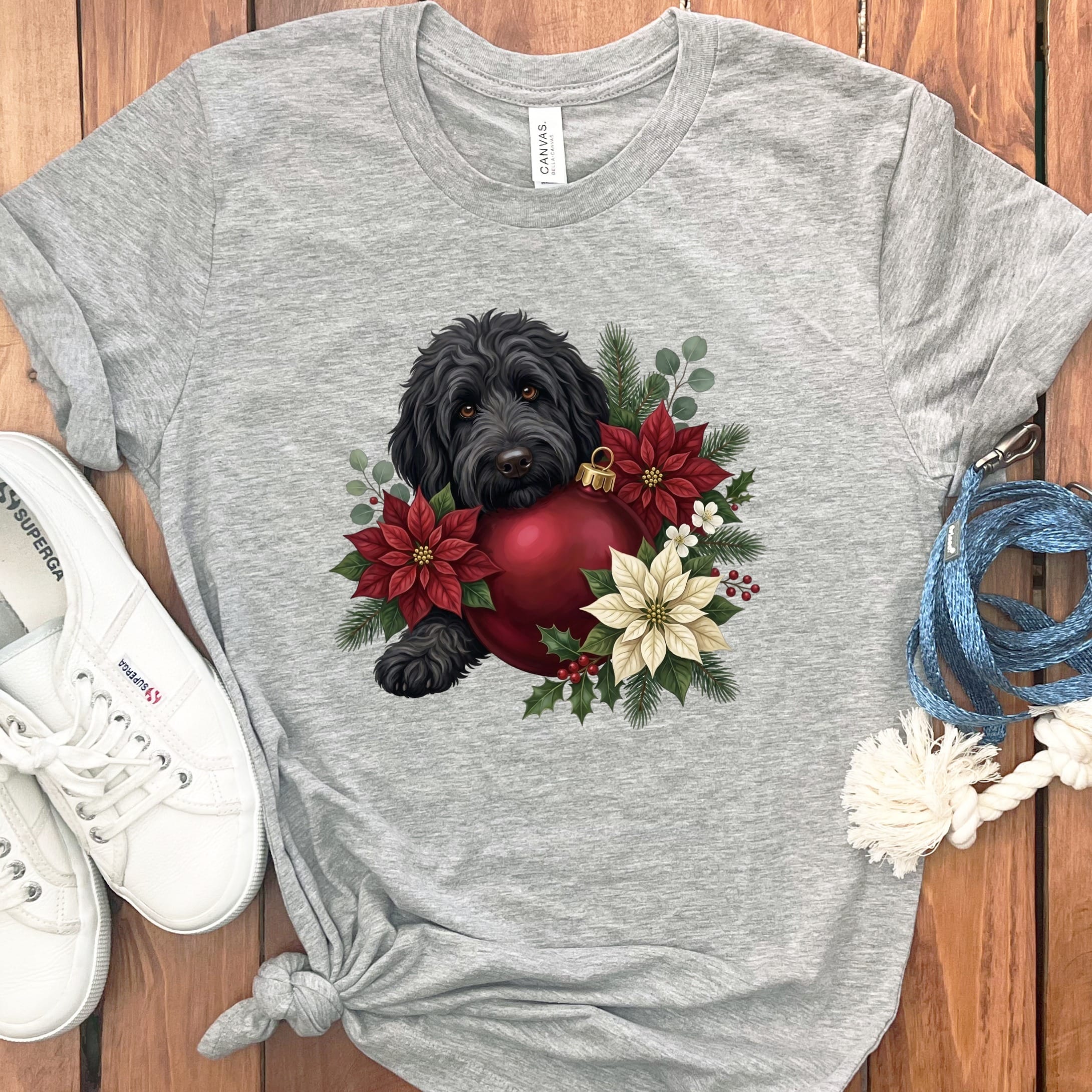 Black Goldendoodle Holiday Cheer T-Shirt in Athletic Heather / S by Puppy Jo