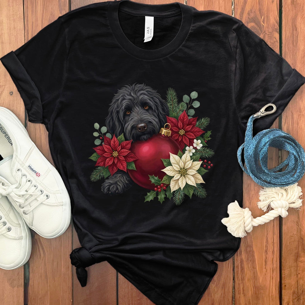 Black Goldendoodle Holiday Cheer T-Shirt in Black / S by Puppy Jo