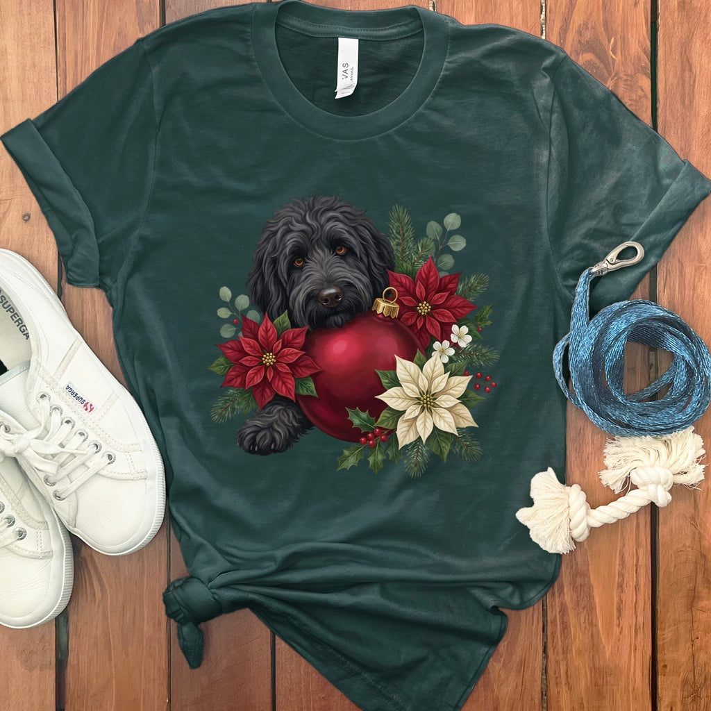 Black Goldendoodle Holiday Cheer T-Shirt in Forest / S by Puppy Jo
