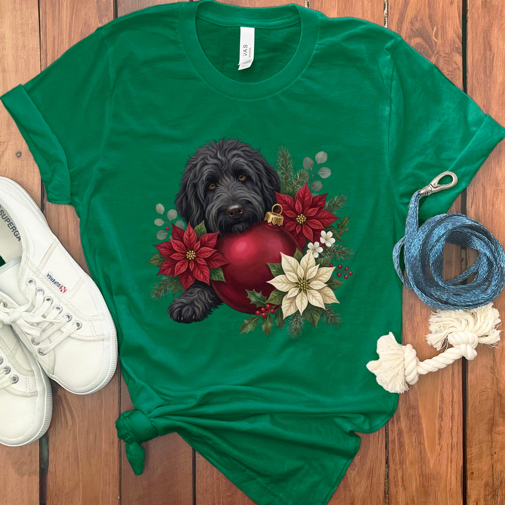 Black Goldendoodle Holiday Cheer T-Shirt in Kelly / S by Puppy Jo