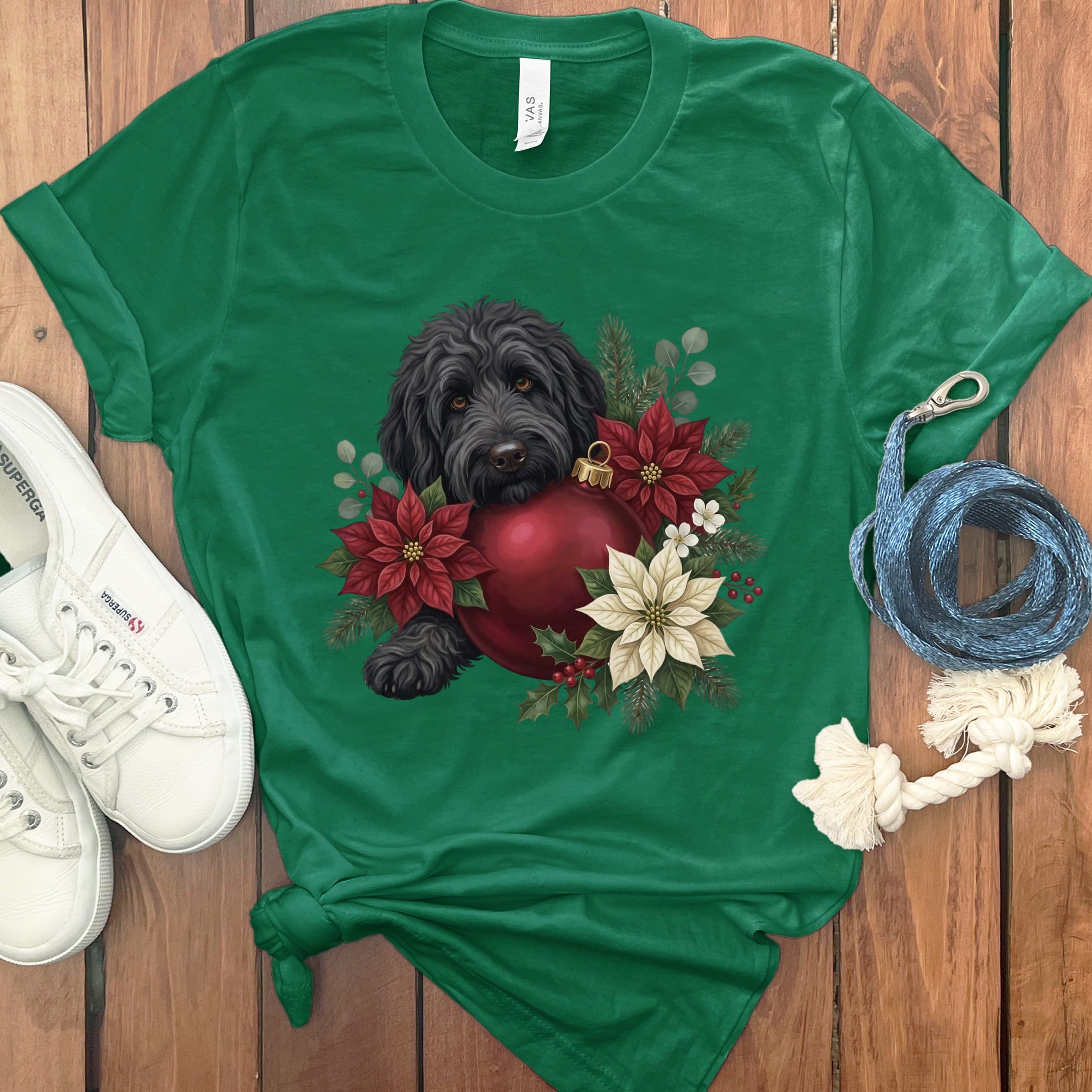Black Goldendoodle Holiday Cheer T-Shirt in Kelly / S by Puppy Jo