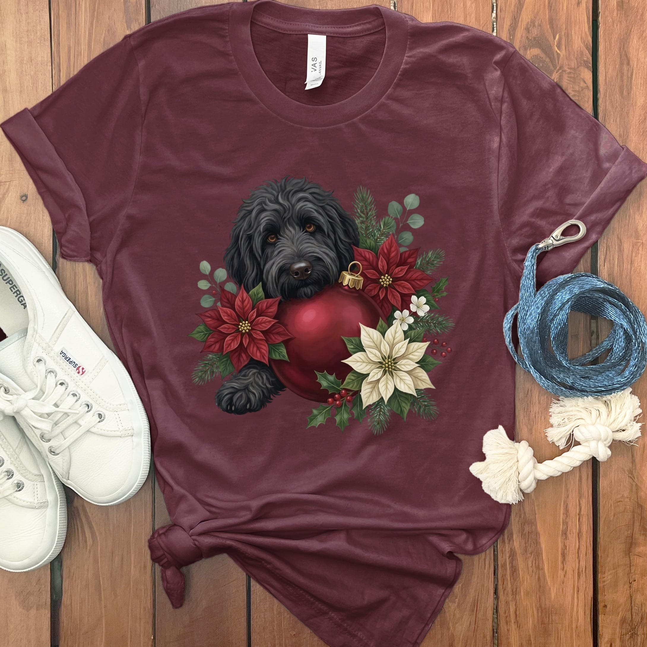 Black Goldendoodle Holiday Cheer T-Shirt in Maroon / S by Puppy Jo