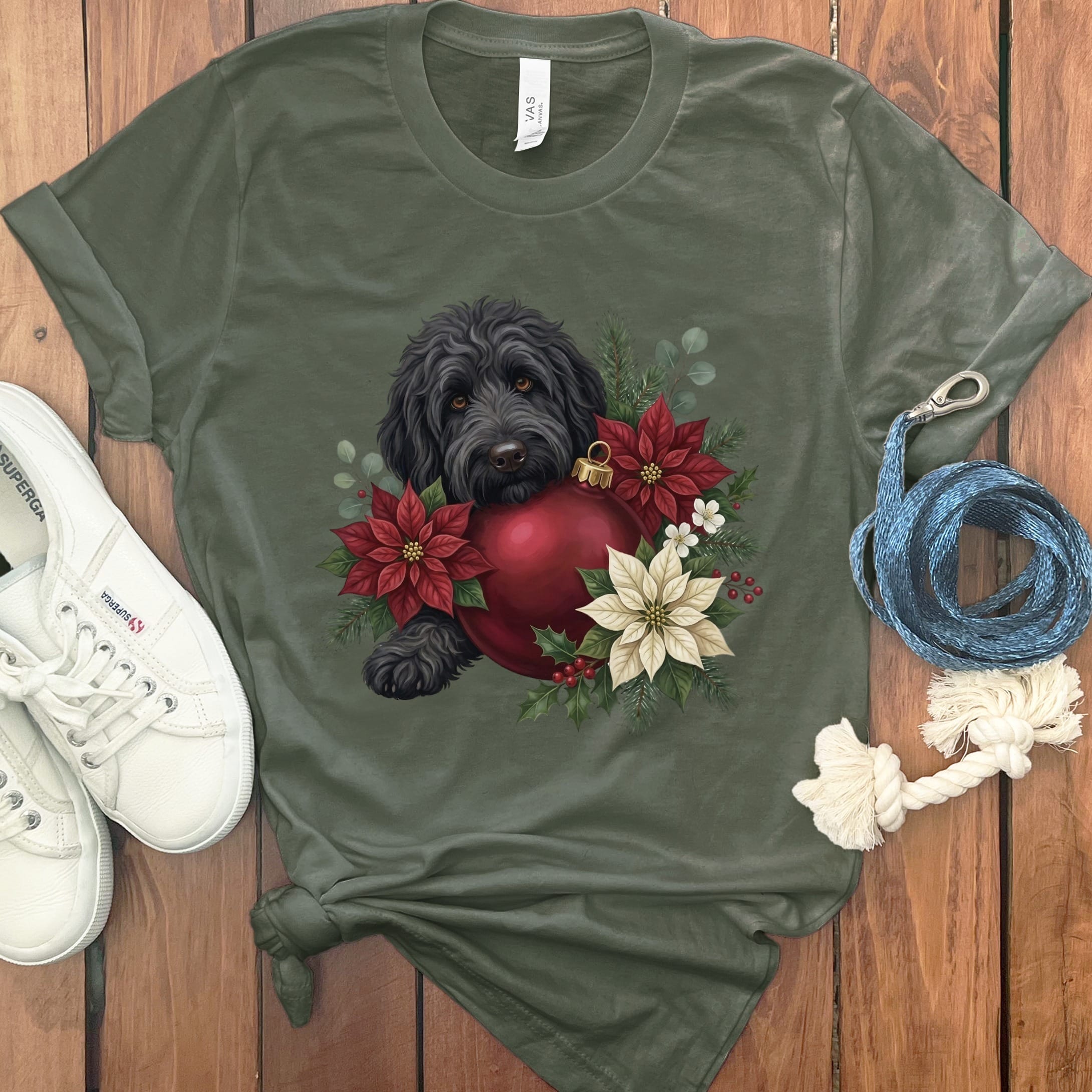 Black Goldendoodle Holiday Cheer T-Shirt in Military Green / S by Puppy Jo