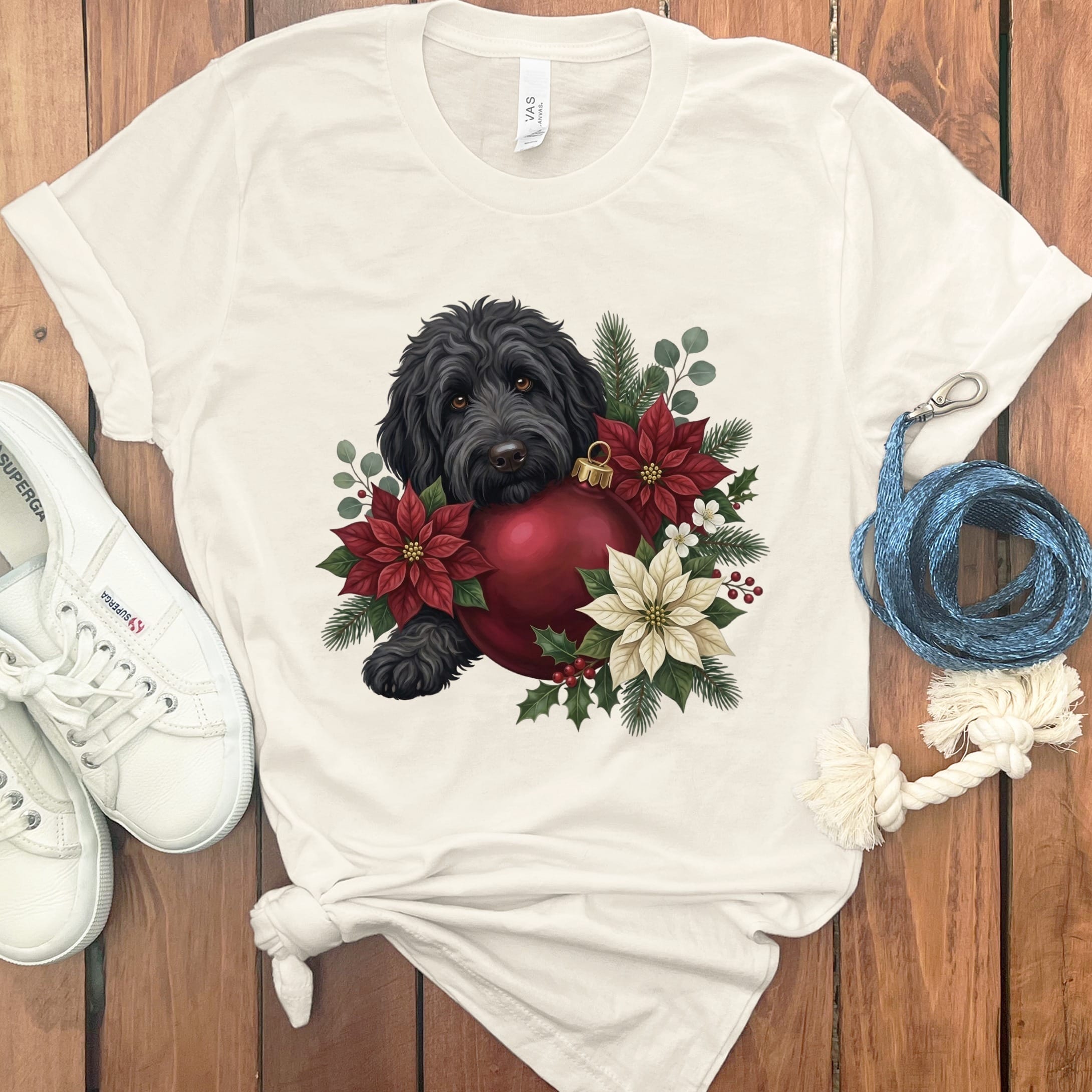 Black Goldendoodle Holiday Cheer T-Shirt in Natural / S by Puppy Jo