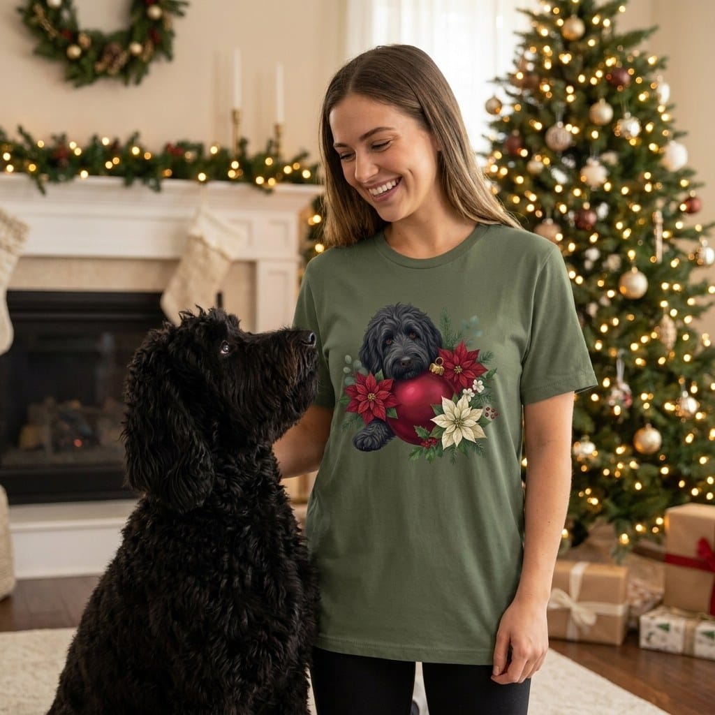 Black Goldendoodle Holiday Cheer T-Shirt in by Puppy Jo