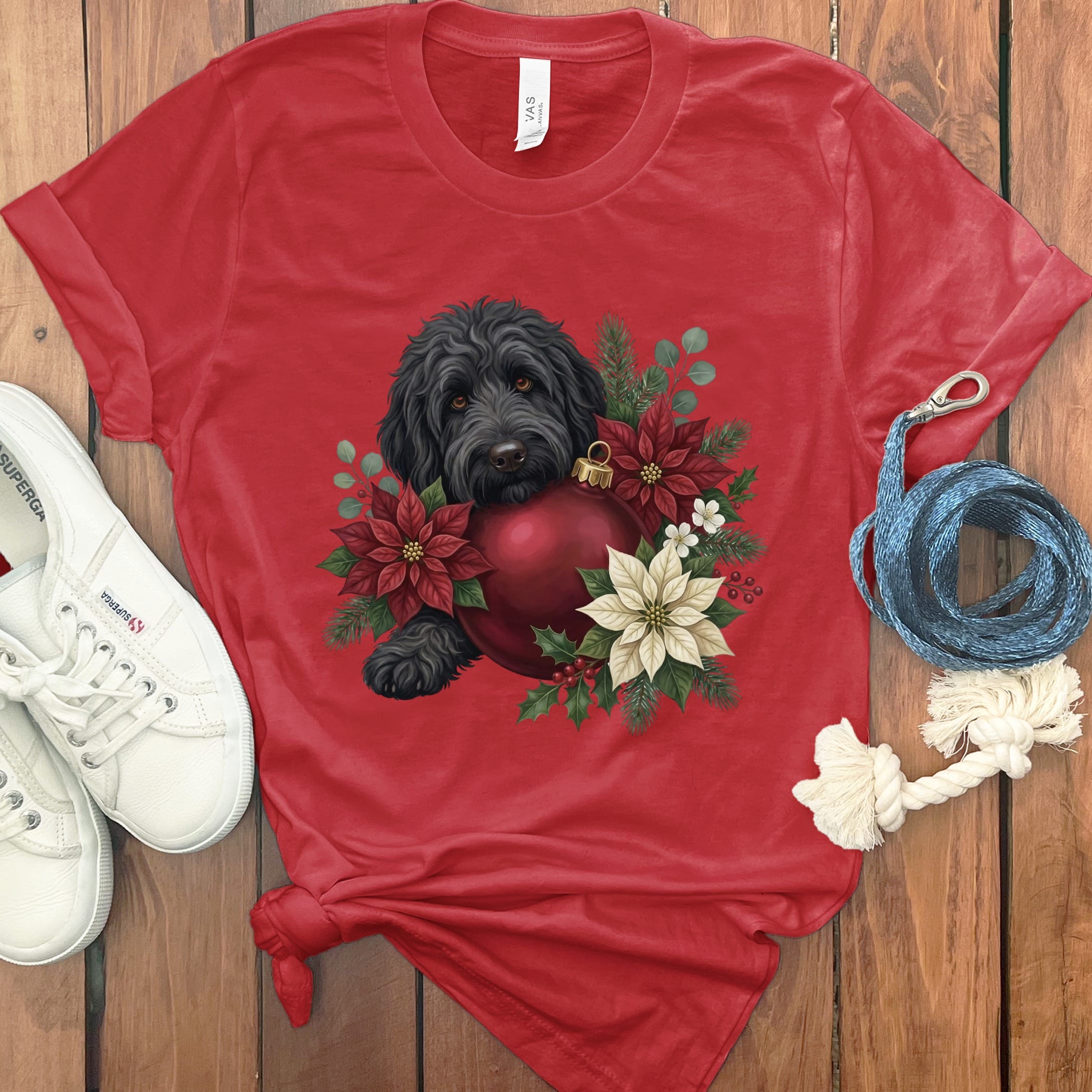 Black Goldendoodle Holiday Cheer T-Shirt in Red / S by Puppy Jo