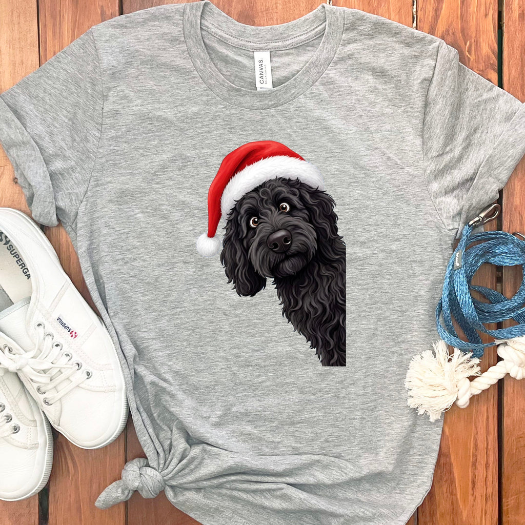 Black Goldendoodle Holiday Santa T-Shirt in Athletic Heather / S by Puppy Jo