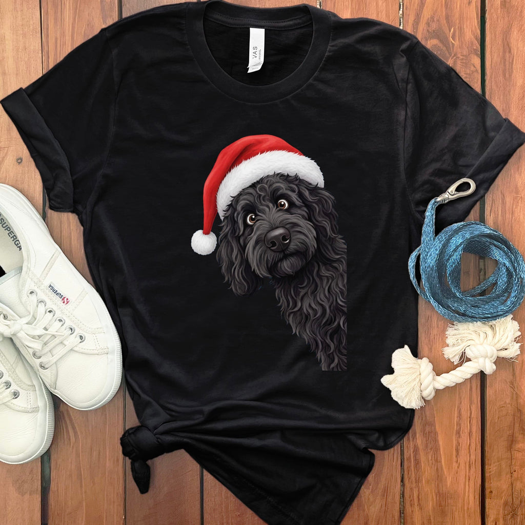 Black Goldendoodle Holiday Santa T-Shirt in Black / S by Puppy Jo