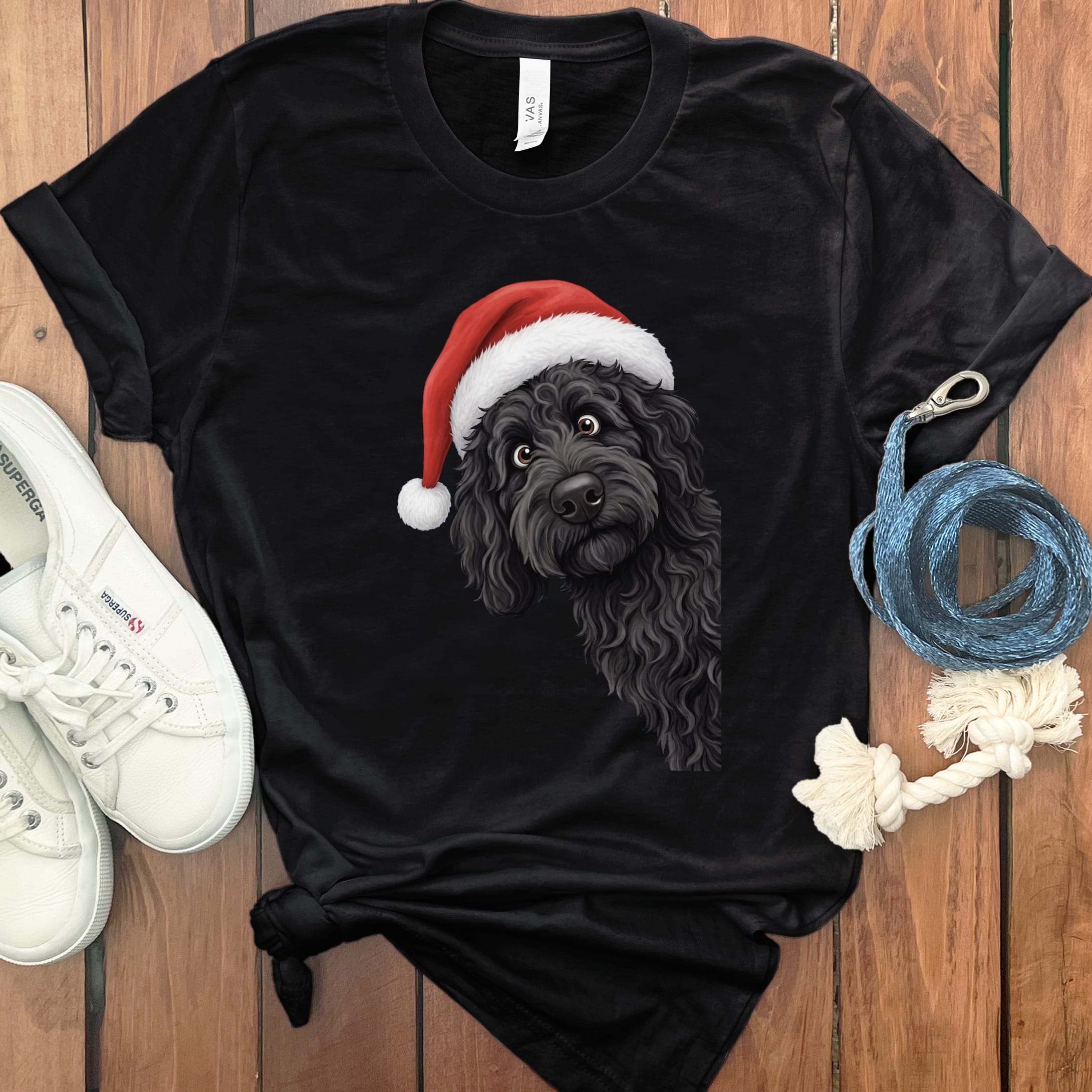 Black Goldendoodle Holiday Santa T-Shirt in Black / S by Puppy Jo
