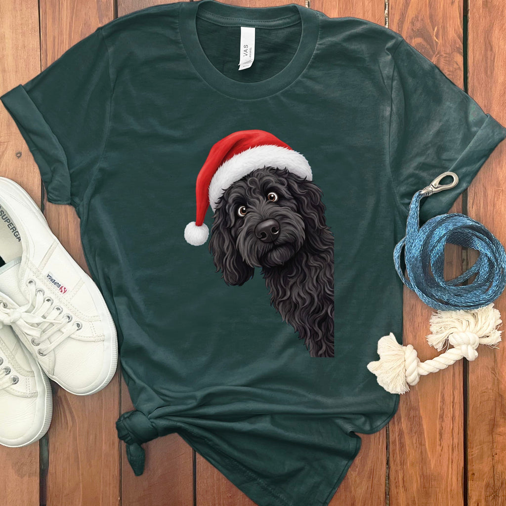 Black Goldendoodle Holiday Santa T-Shirt in Forest / S by Puppy Jo