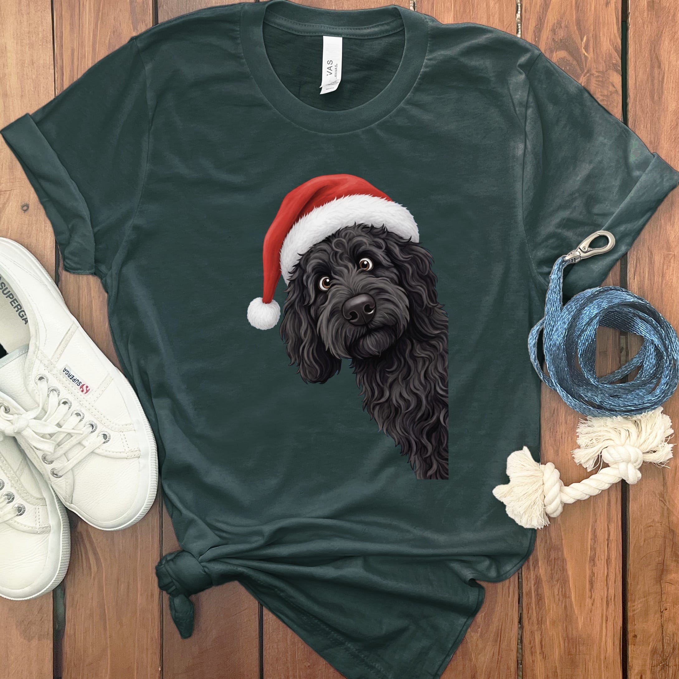 Black Goldendoodle Holiday Santa T-Shirt in Forest / S by Puppy Jo